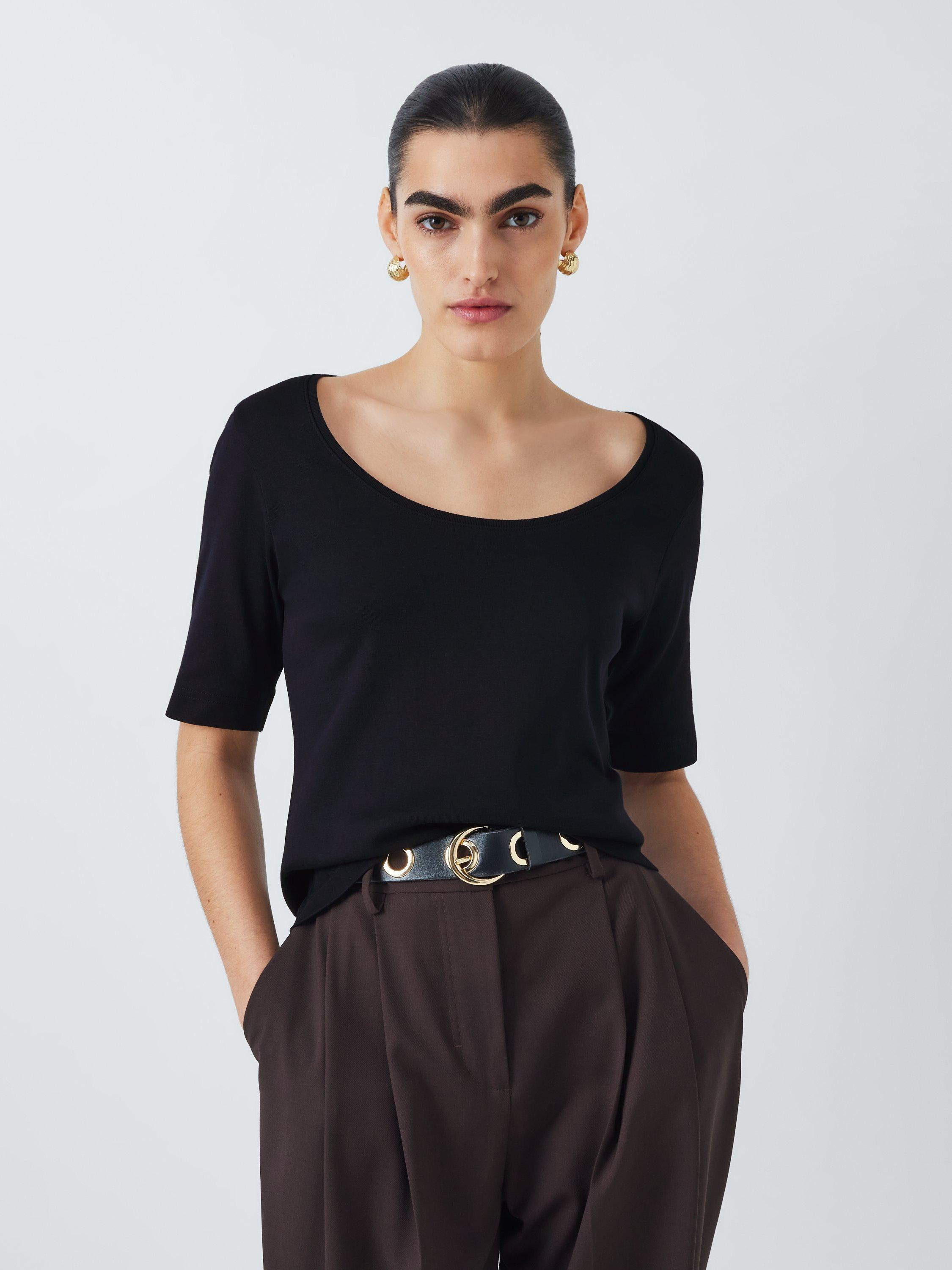 John Lewis Organic Cotton Scoop Neck Top, White, Black