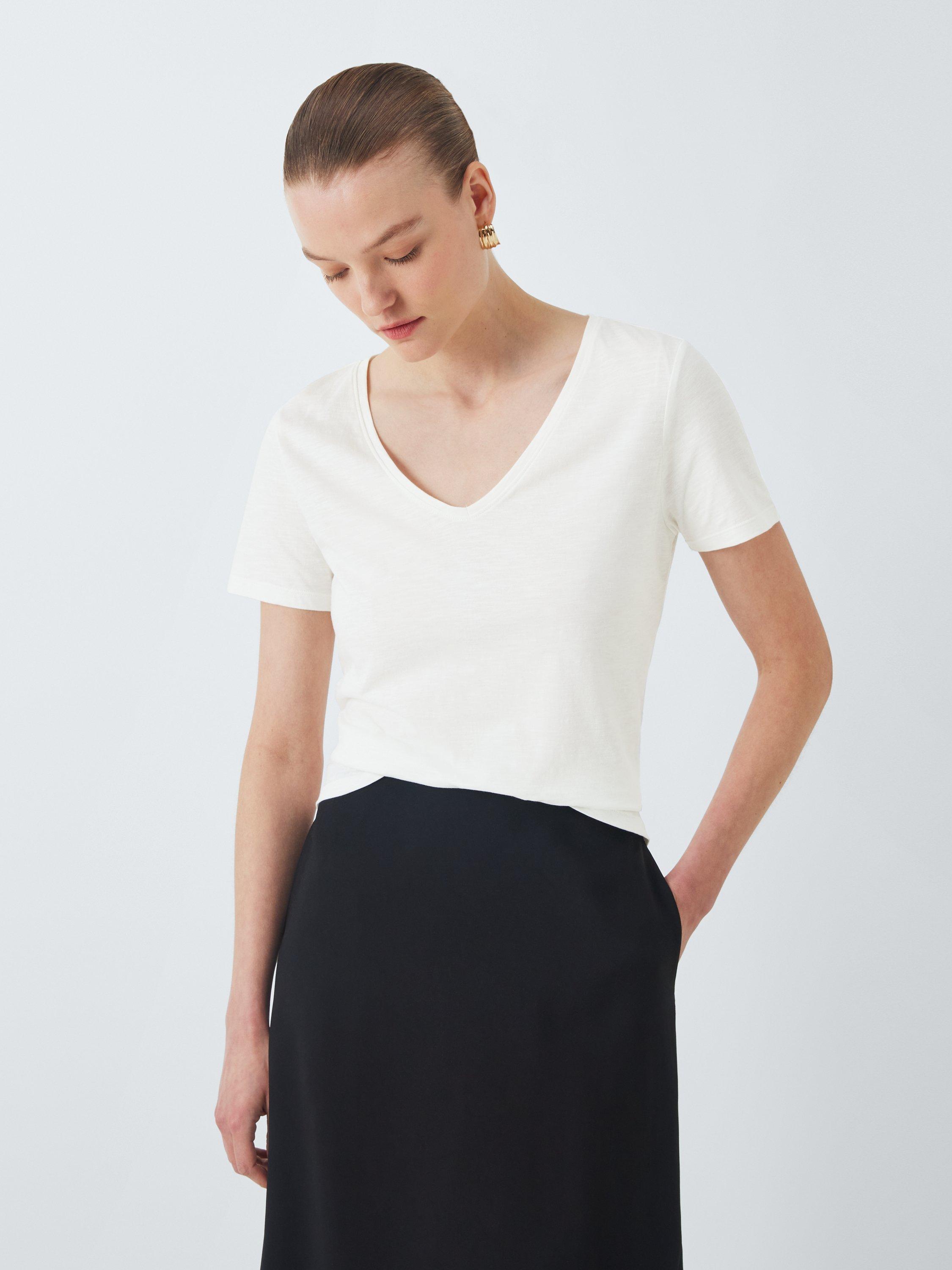 Product image 1 of 6, which shows John Lewis Cotton Slub Short Sleeve V-Neck T-Shirt, White, 8