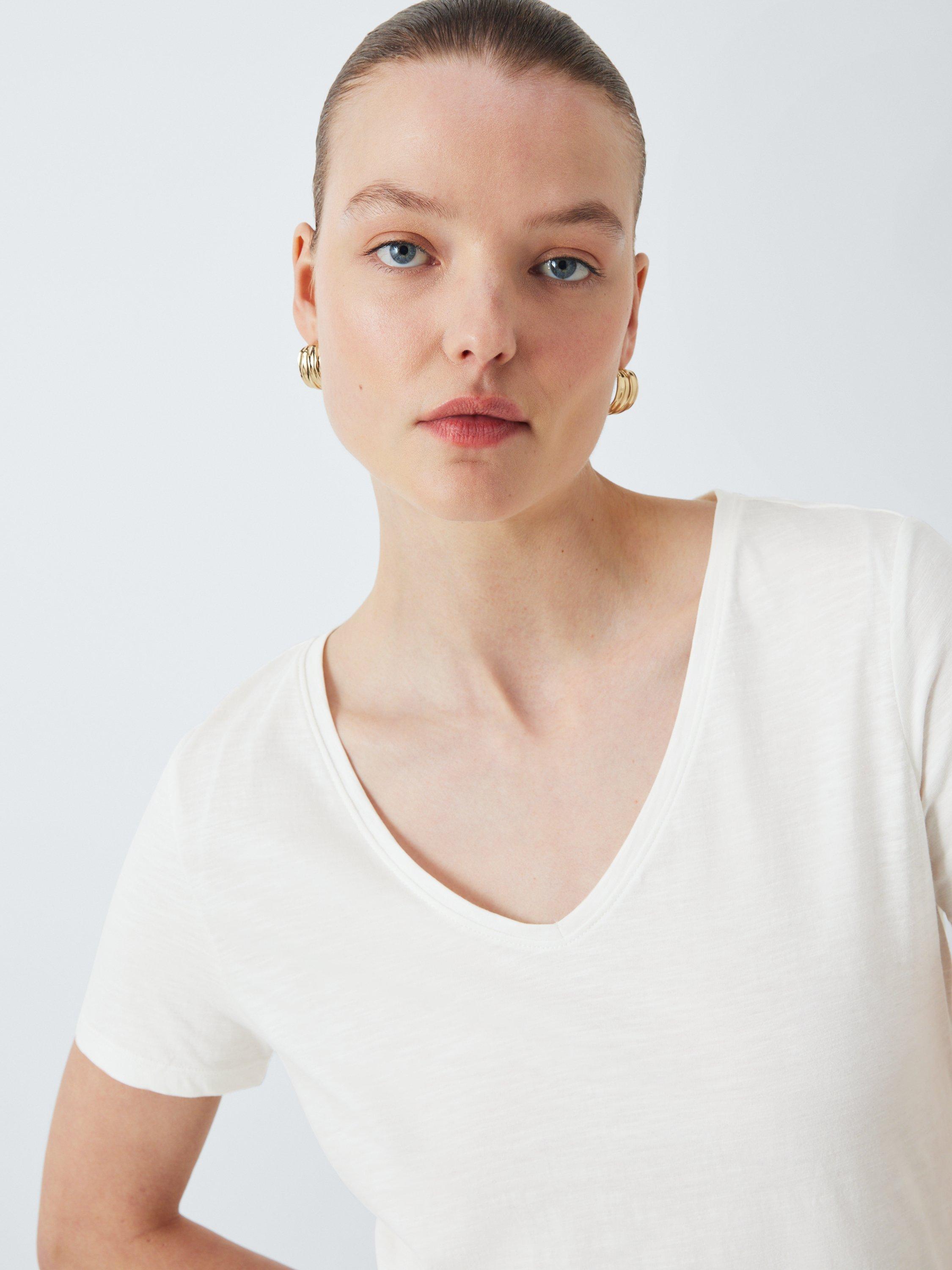 Product image 5 of 6, which shows John Lewis Cotton Slub Short Sleeve V-Neck T-Shirt, White, 8