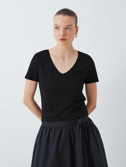 John Lewis Cotton Slub Short Sleeve V-Neck T-Shirt, Black