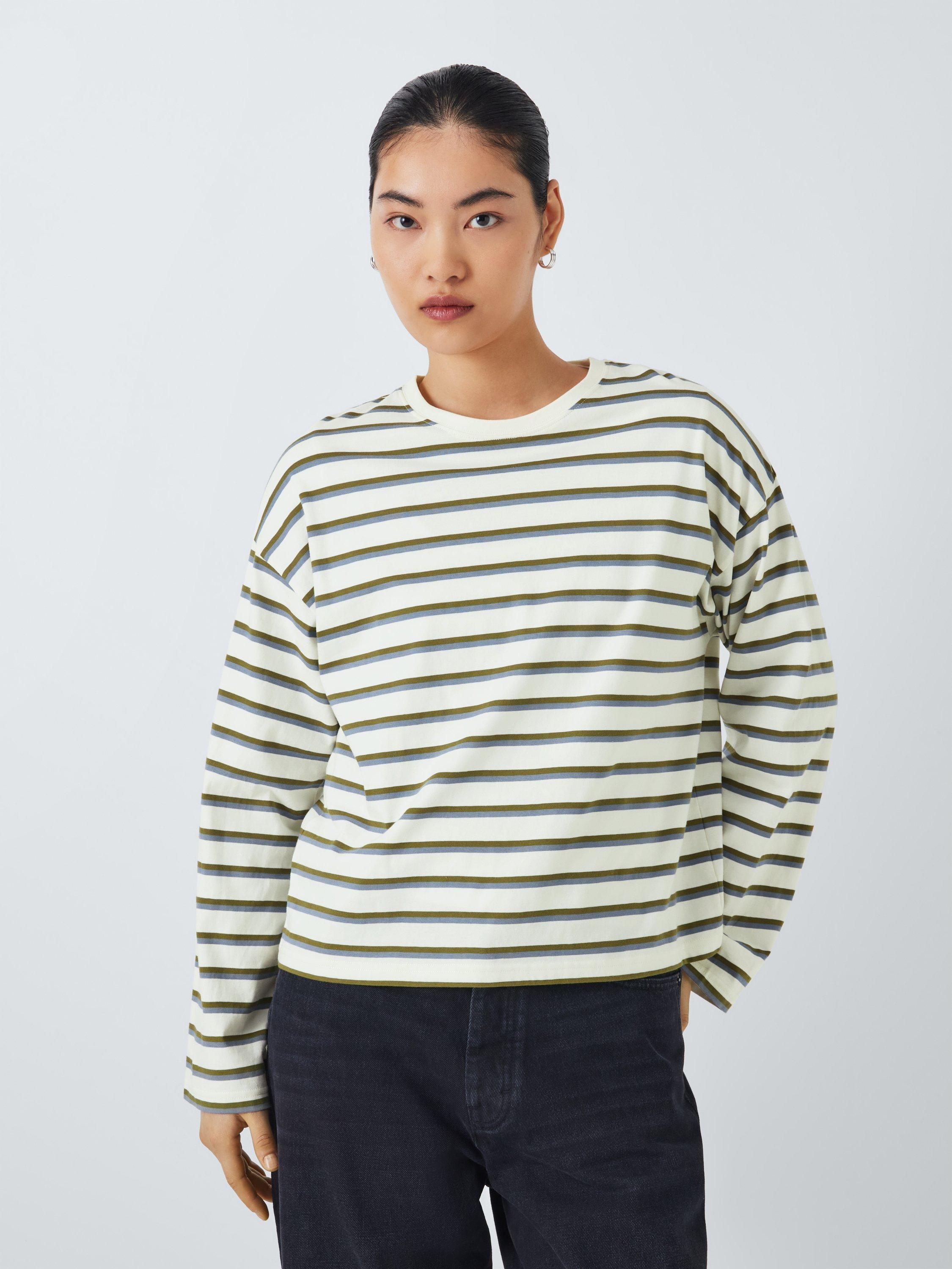 Product image 1 of 6, which shows John Lewis ANYDAY Striped Cotton Long Sleeve Oversized T-Shirt, Ecru/Blue/Khaki, S