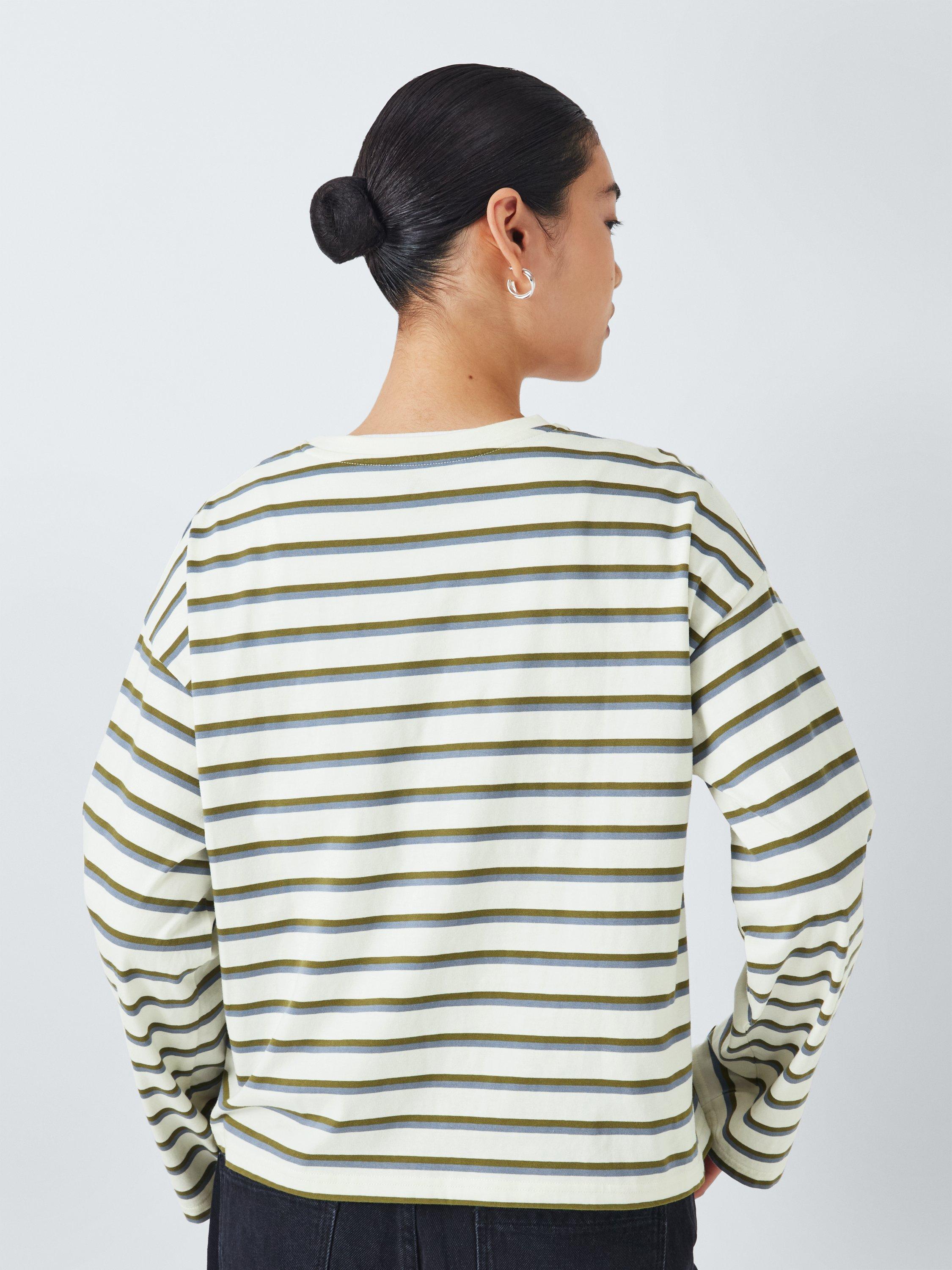 Product image 2 of 6, which shows John Lewis ANYDAY Striped Cotton Long Sleeve Oversized T-Shirt, Ecru/Blue/Khaki, S