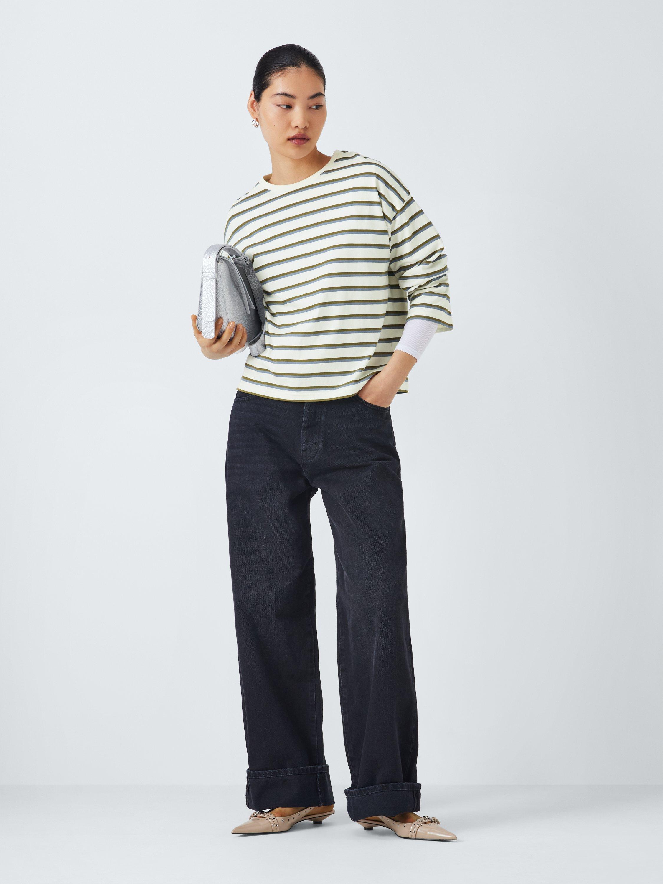 Product image 3 of 6, which shows John Lewis ANYDAY Striped Cotton Long Sleeve Oversized T-Shirt, Ecru/Blue/Khaki, S