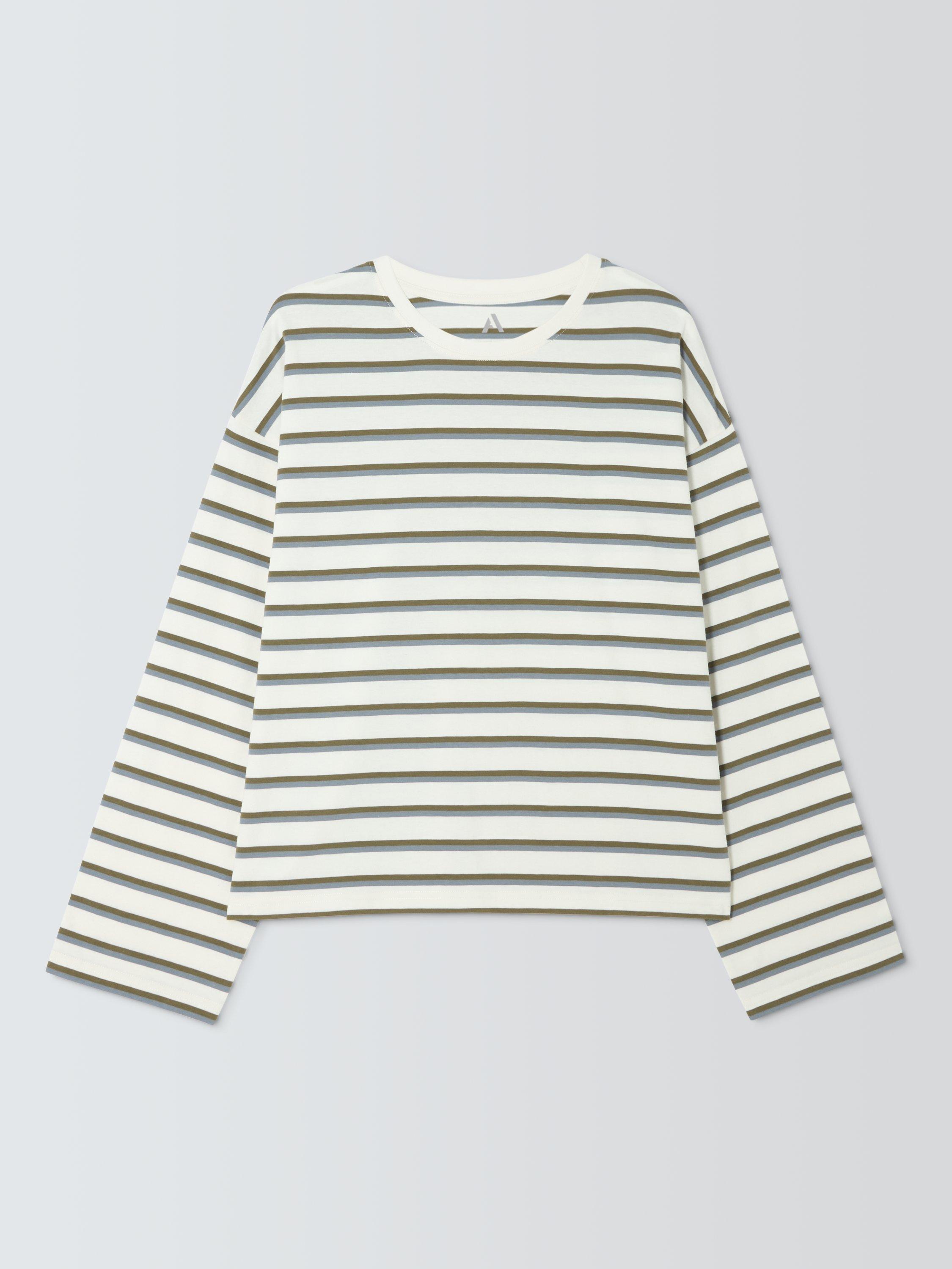 Product image 4 of 6, which shows John Lewis ANYDAY Striped Cotton Long Sleeve Oversized T-Shirt, Ecru/Blue/Khaki, S
