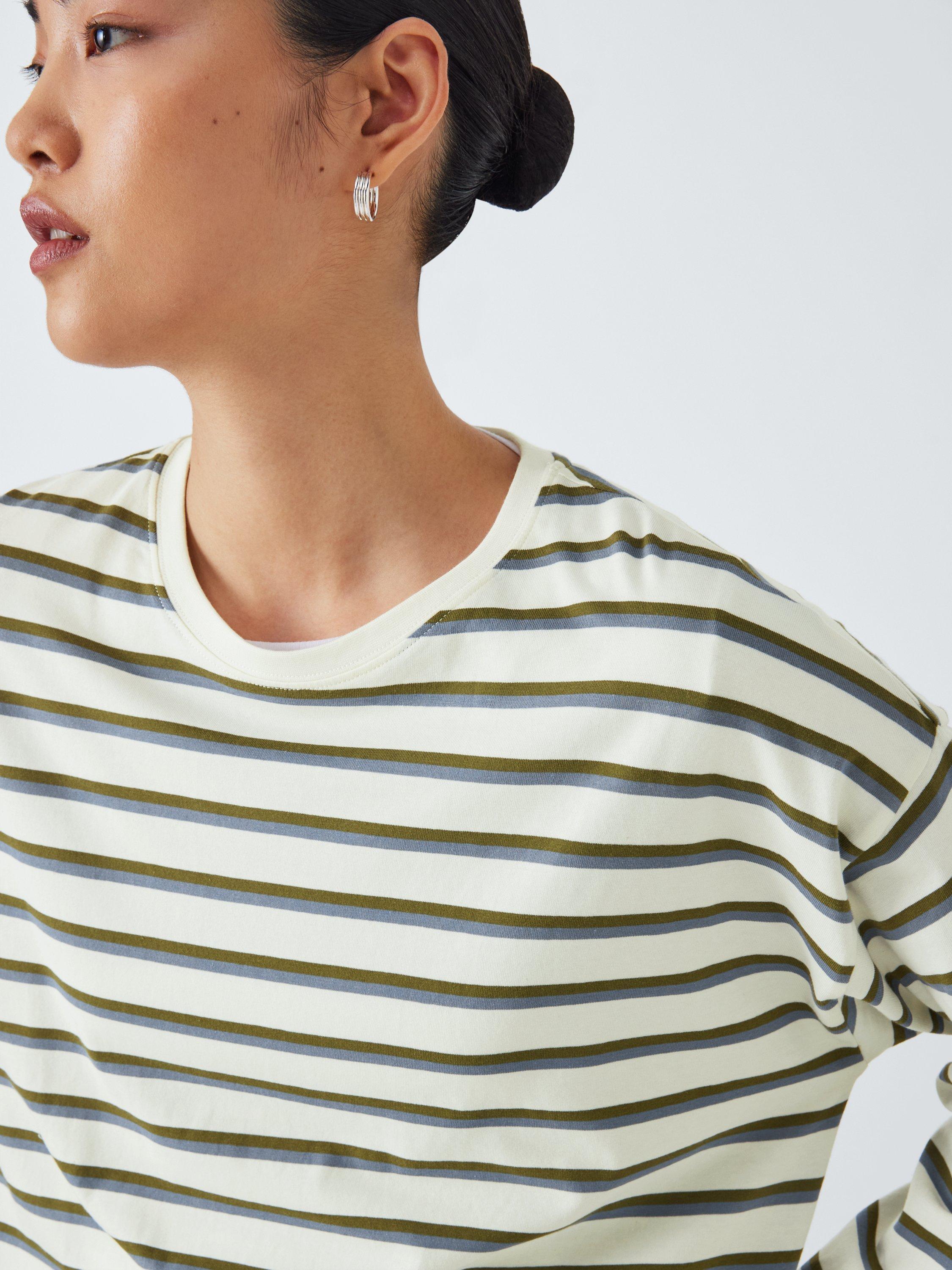 Product image 5 of 6, which shows John Lewis ANYDAY Striped Cotton Long Sleeve Oversized T-Shirt, Ecru/Blue/Khaki, S