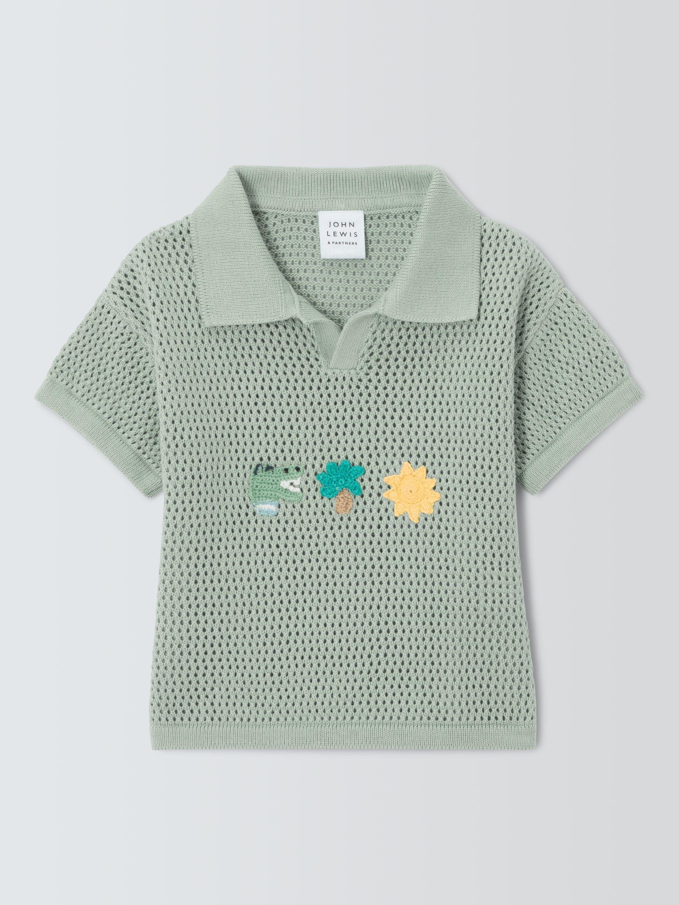 Product image 1 of 3, which shows John Lewis Baby Crochet Polo Shirt, Green, 2-3 years