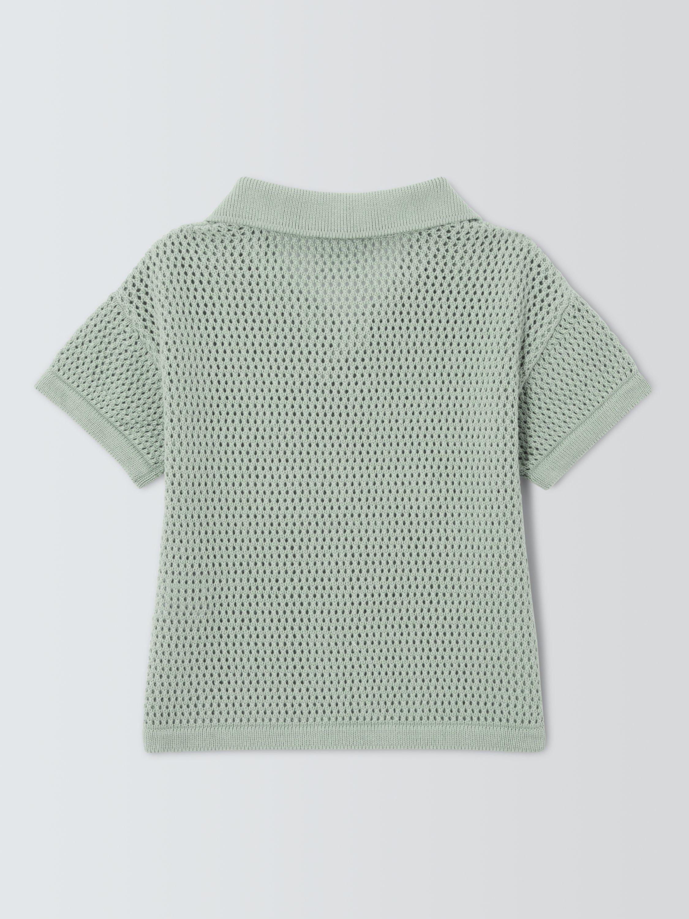 Product image 2 of 3, which shows John Lewis Baby Crochet Polo Shirt, Green, 2-3 years