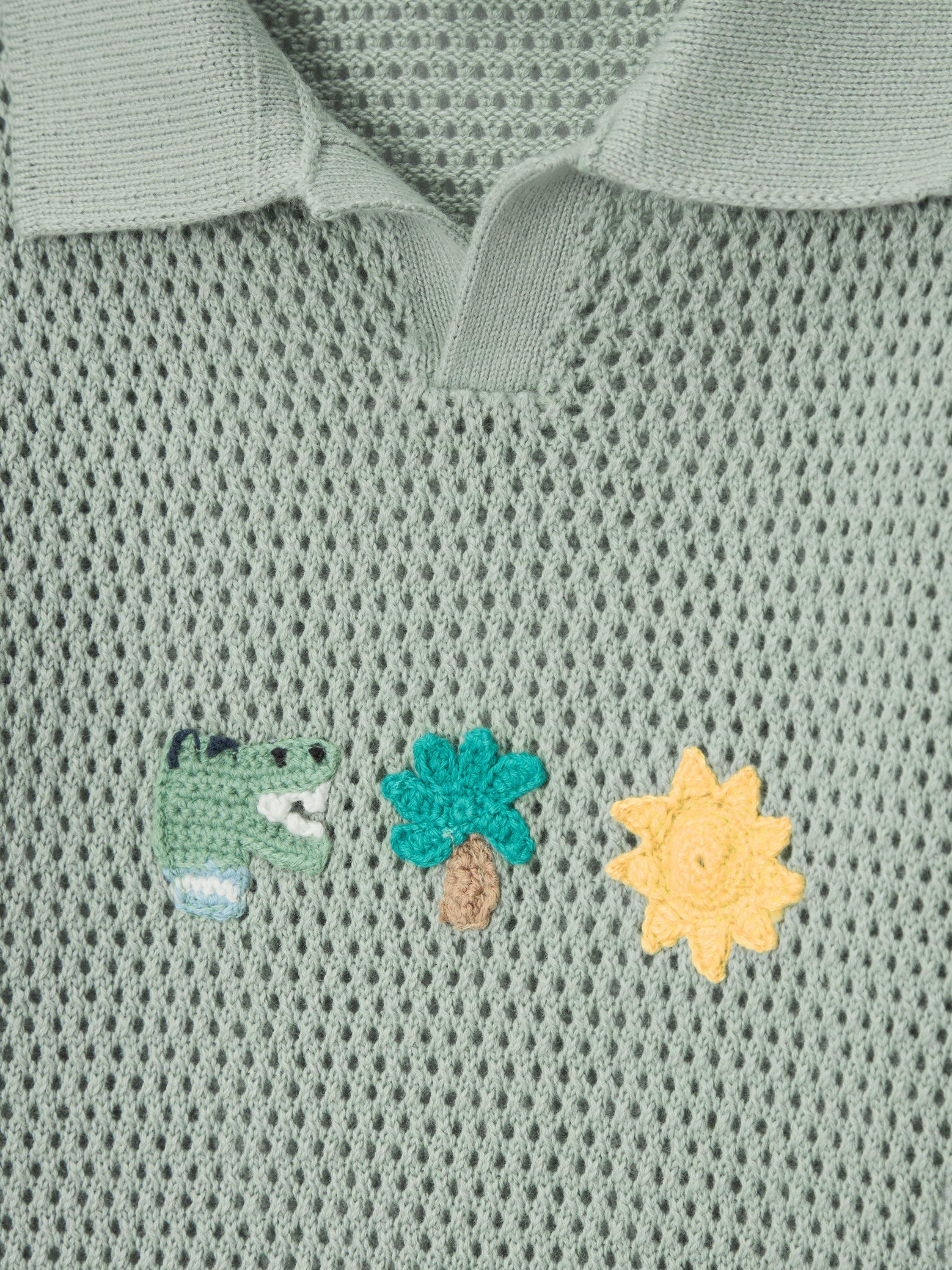 Product image 3 of 3, which shows John Lewis Baby Crochet Polo Shirt, Green, 2-3 years