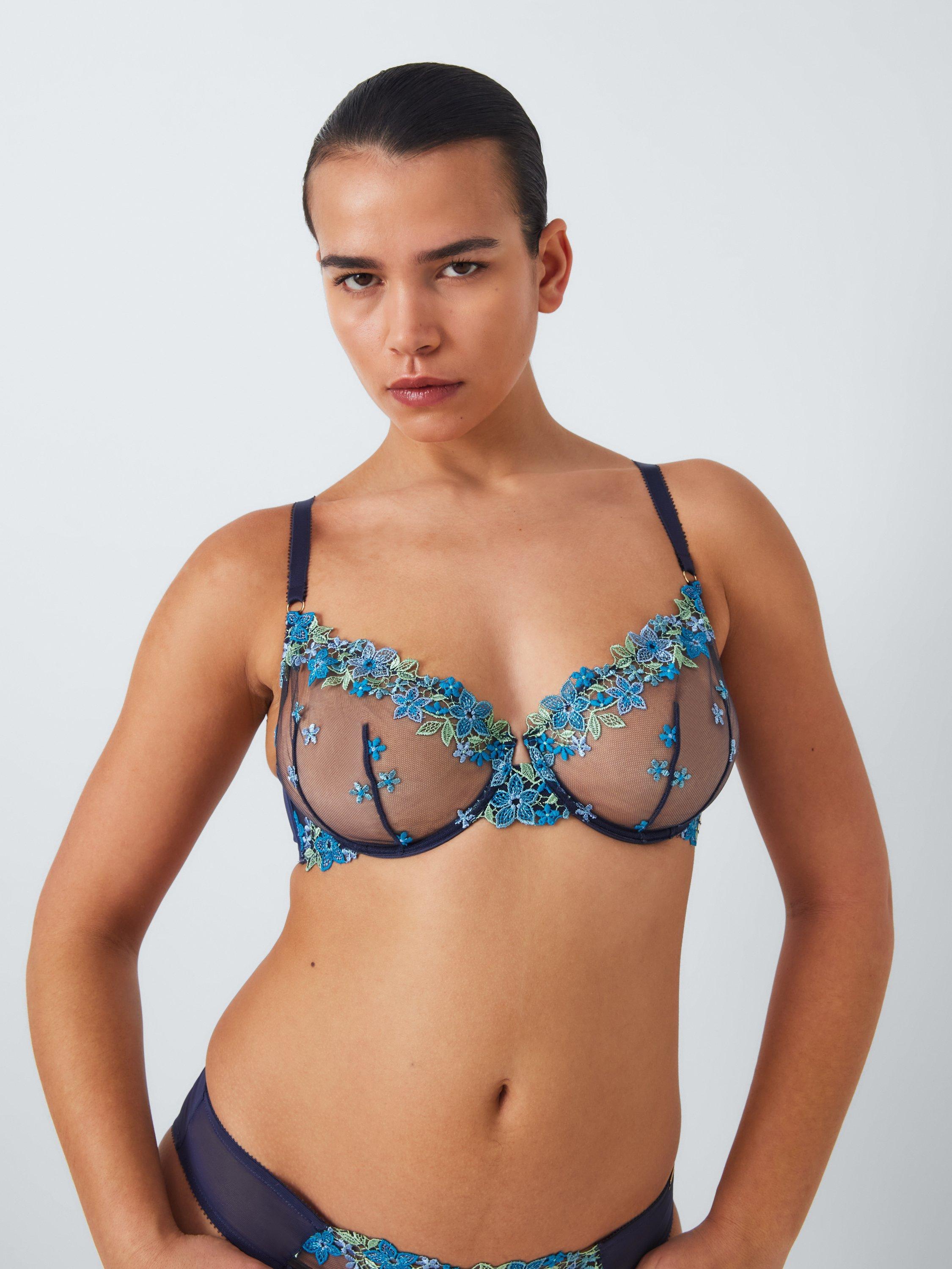 Product image 2 of 11, which shows AND/OR Kiki Floral Crochet Embroidery Balcony Bra, Blue, 30E