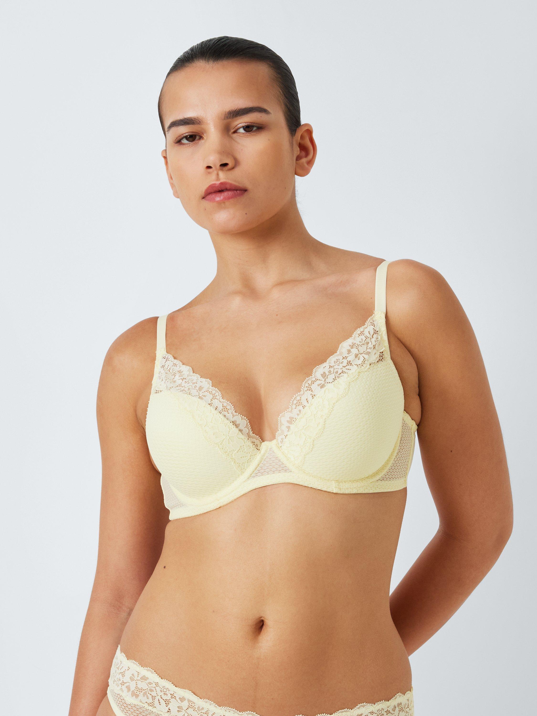 Product image 1 of 10, which shows John Lewis Serephine Lace Plunge Bra, Sorbet Yellow, 34DD