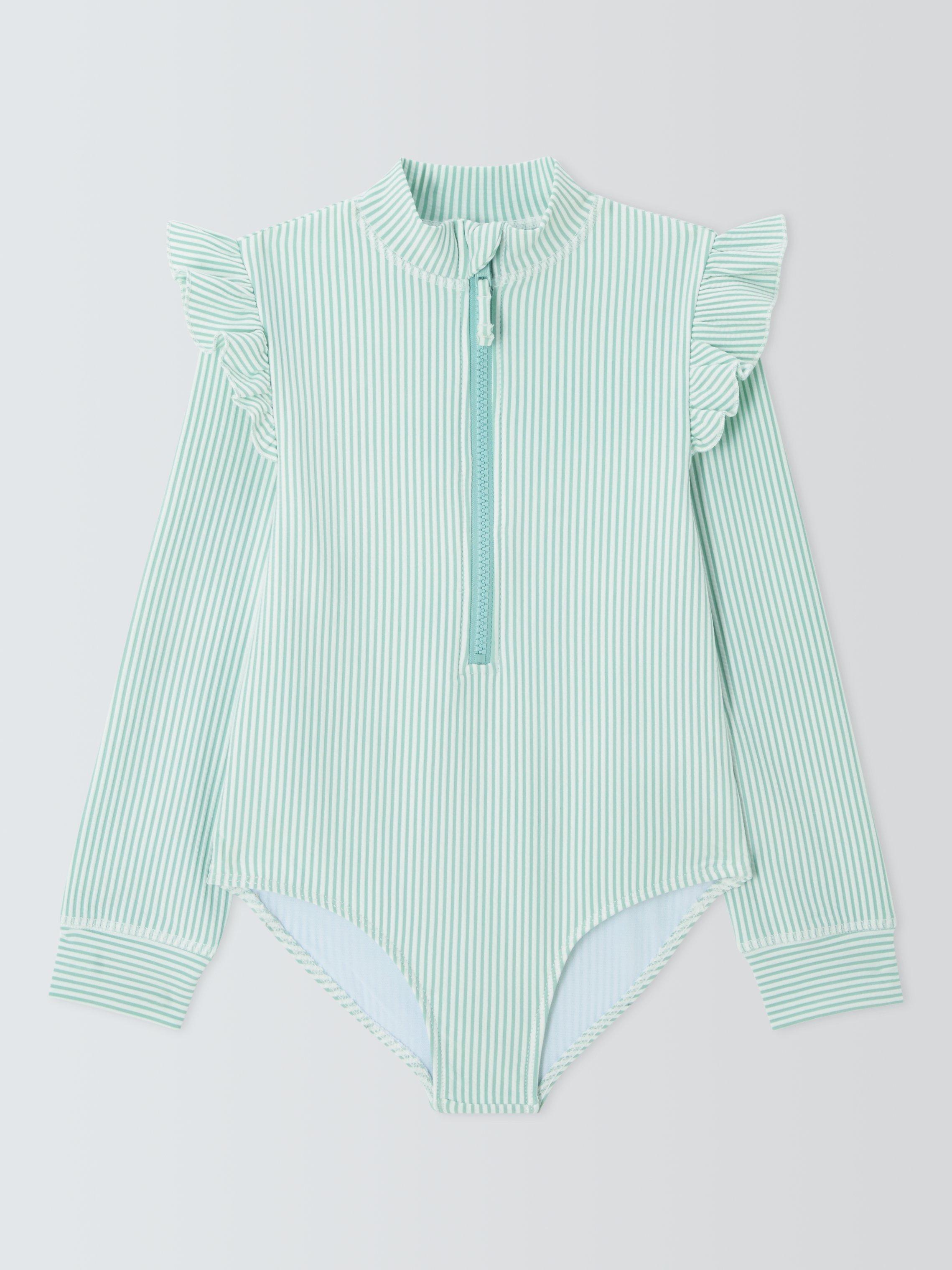 Product image 1 of 4, which shows John Lewis Kids' Seersucker Long Sleeve Swimsuit, Green, 5 years