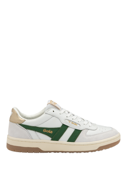 Gola Hawk Leather Low Top Trainers, White/Dark Green/Gold