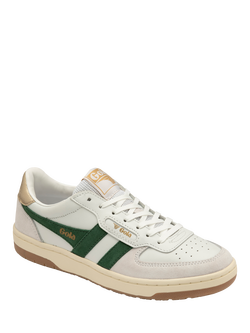 Gola Hawk Leather Low Top Trainers - view 2, White/Dark Green/Gold