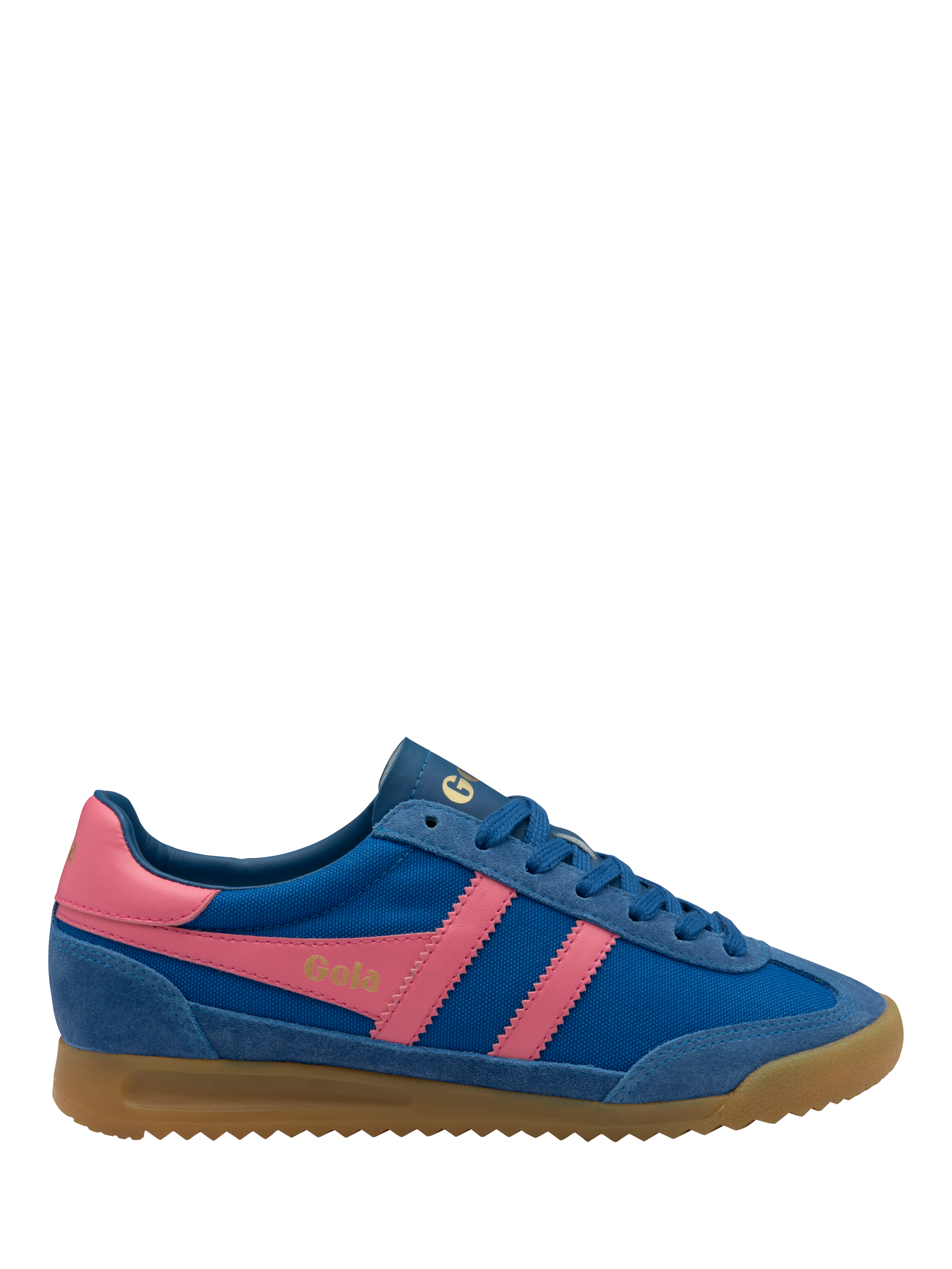 Product image 1 of 5, which shows Gola Tornado Suede Blend Trainers, Blue/Pink, 4