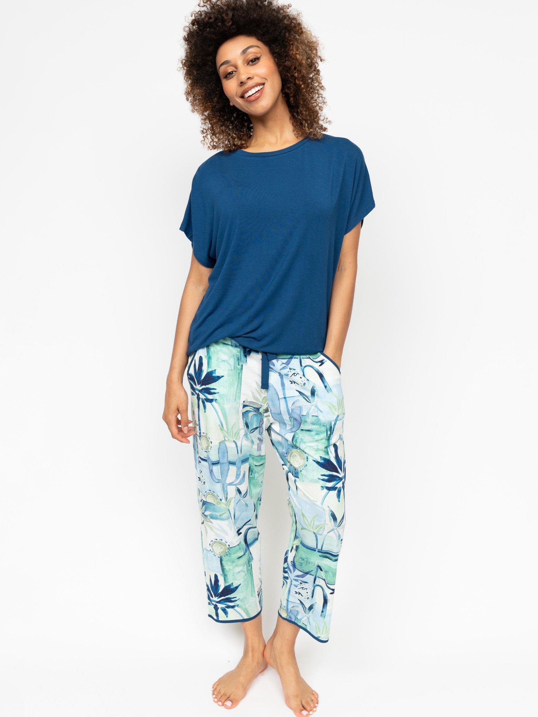 Product image 1 of 3, which shows Cyberjammies Harriet Jersey Top & Watercolour Bottoms Pyjama Set, Teal, 8