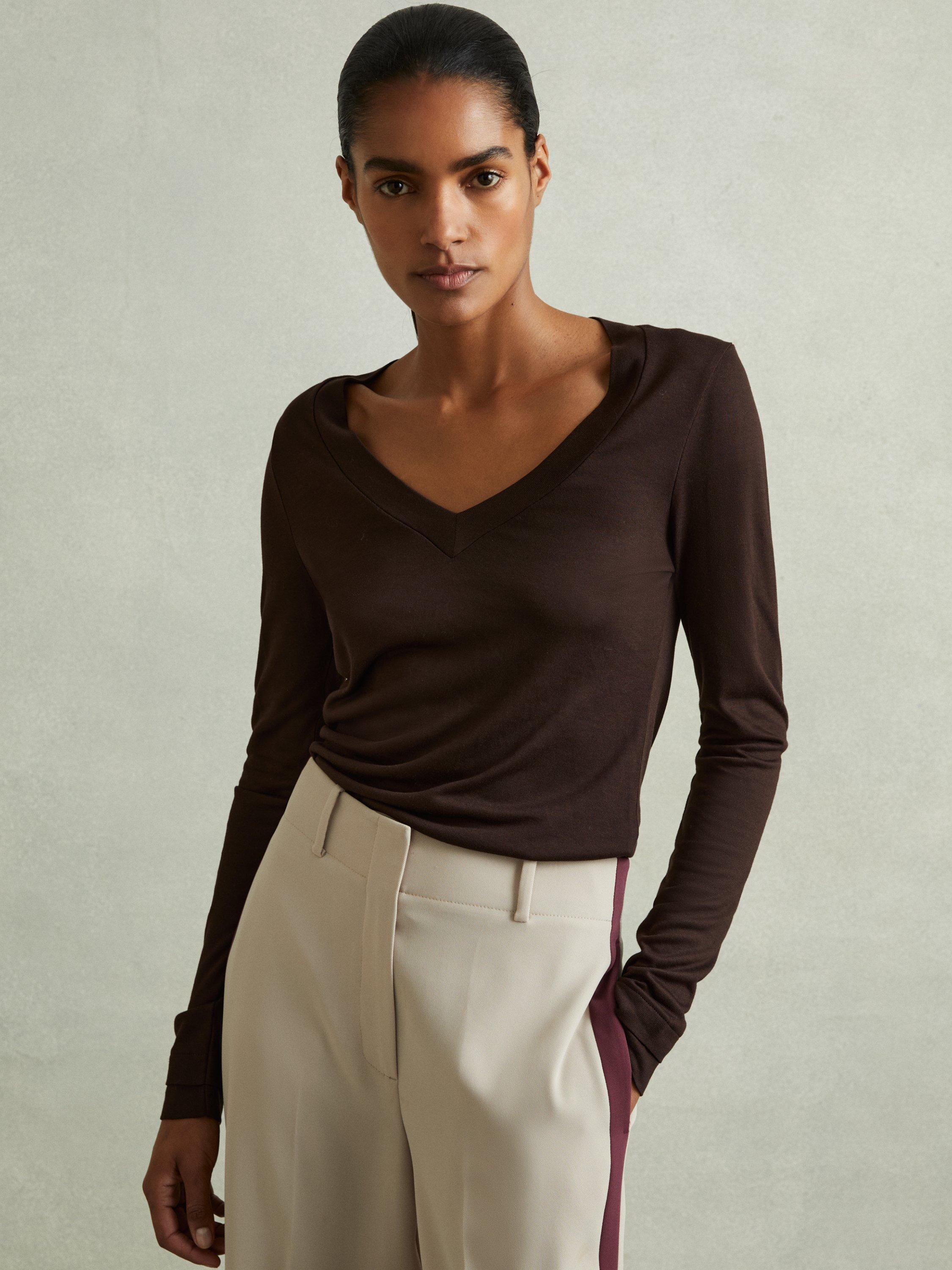 Product image 1 of 5, which shows Reiss Brady V-Neck Jersey Top, Chocolate, XS