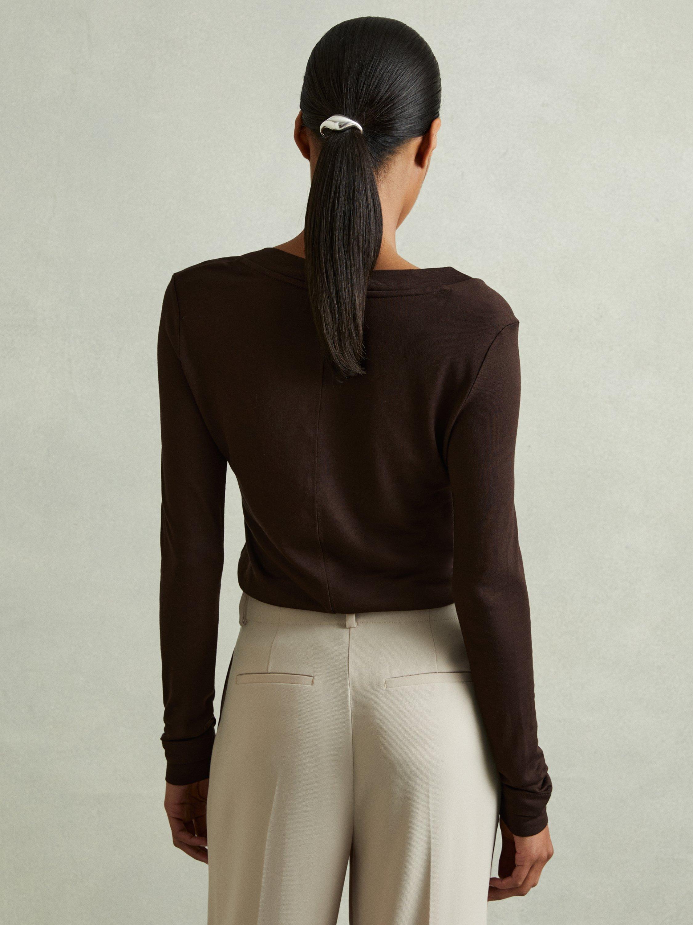 Product image 2 of 5, which shows Reiss Brady V-Neck Jersey Top, Chocolate, XS