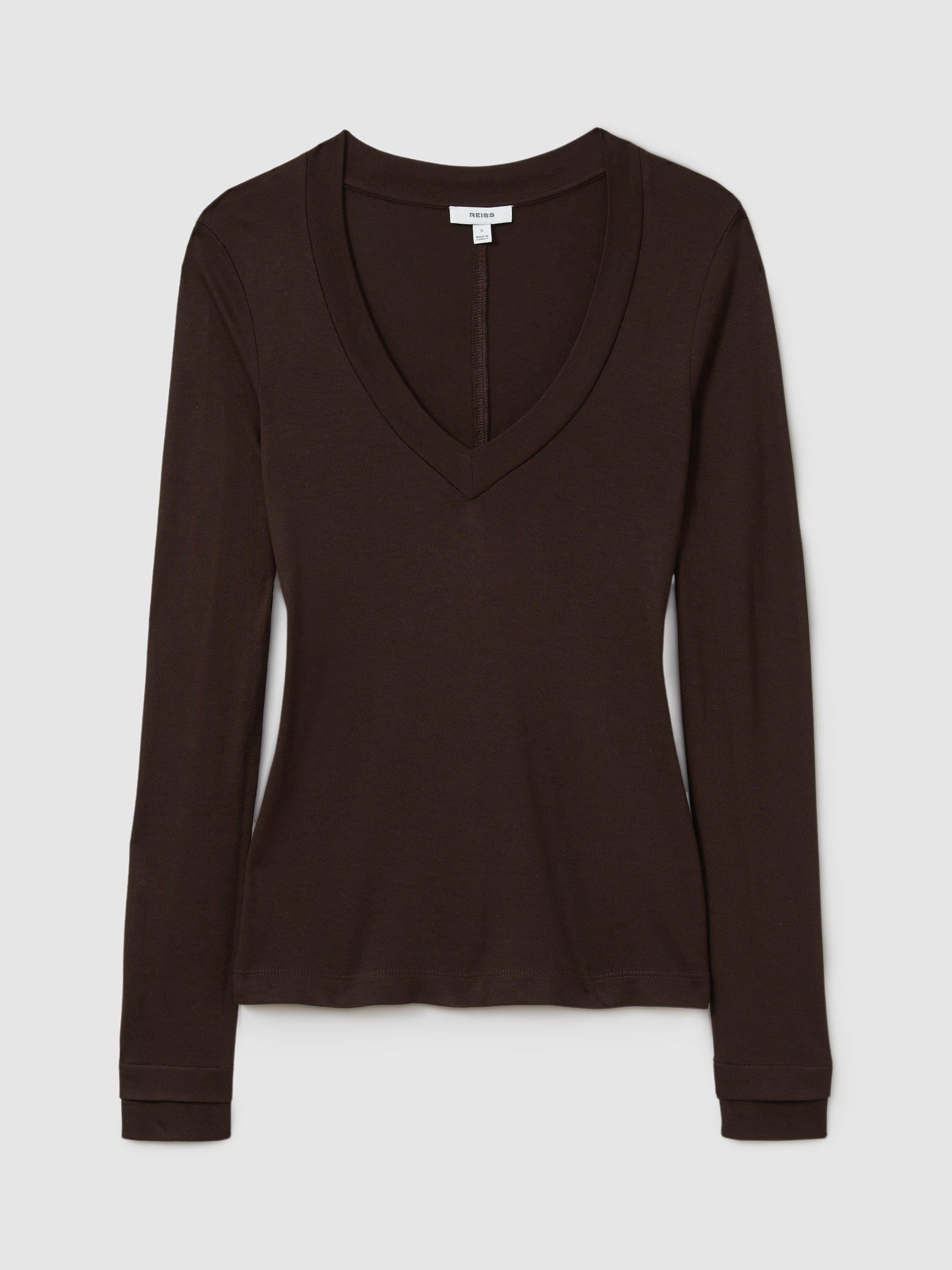 Product image 5 of 5, which shows Reiss Brady V-Neck Jersey Top, Chocolate, XS