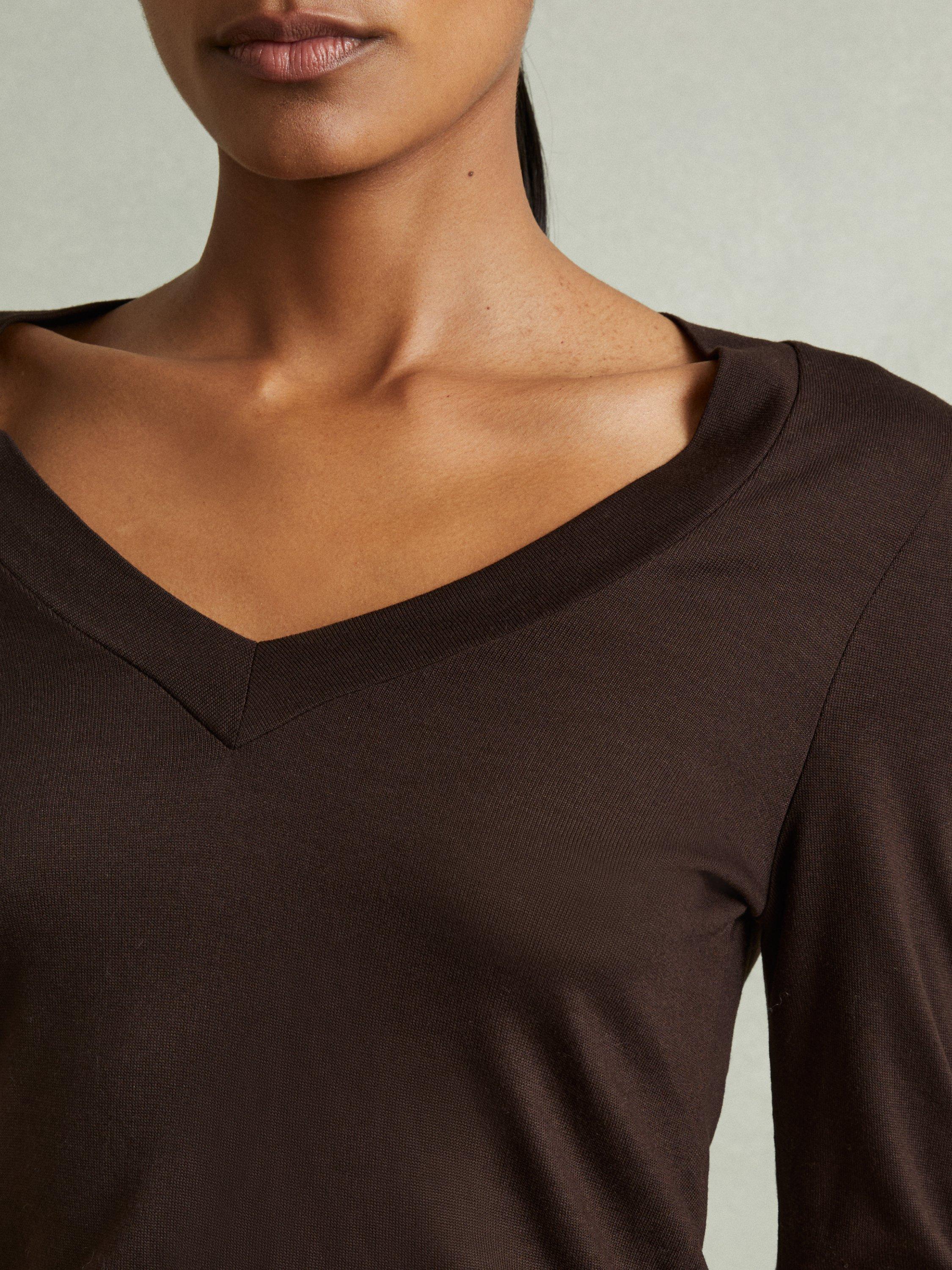 Product image 4 of 5, which shows Reiss Brady V-Neck Jersey Top, Chocolate, XS