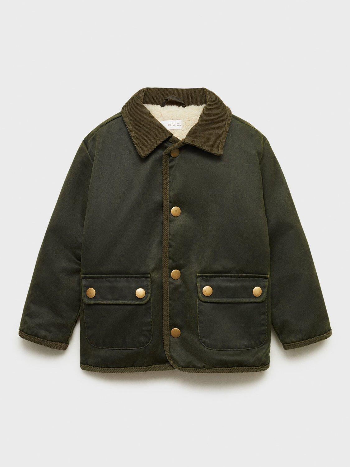 Mango Kids' Harry Corduroy Collar Waxed Cotton Jacket, Khaki