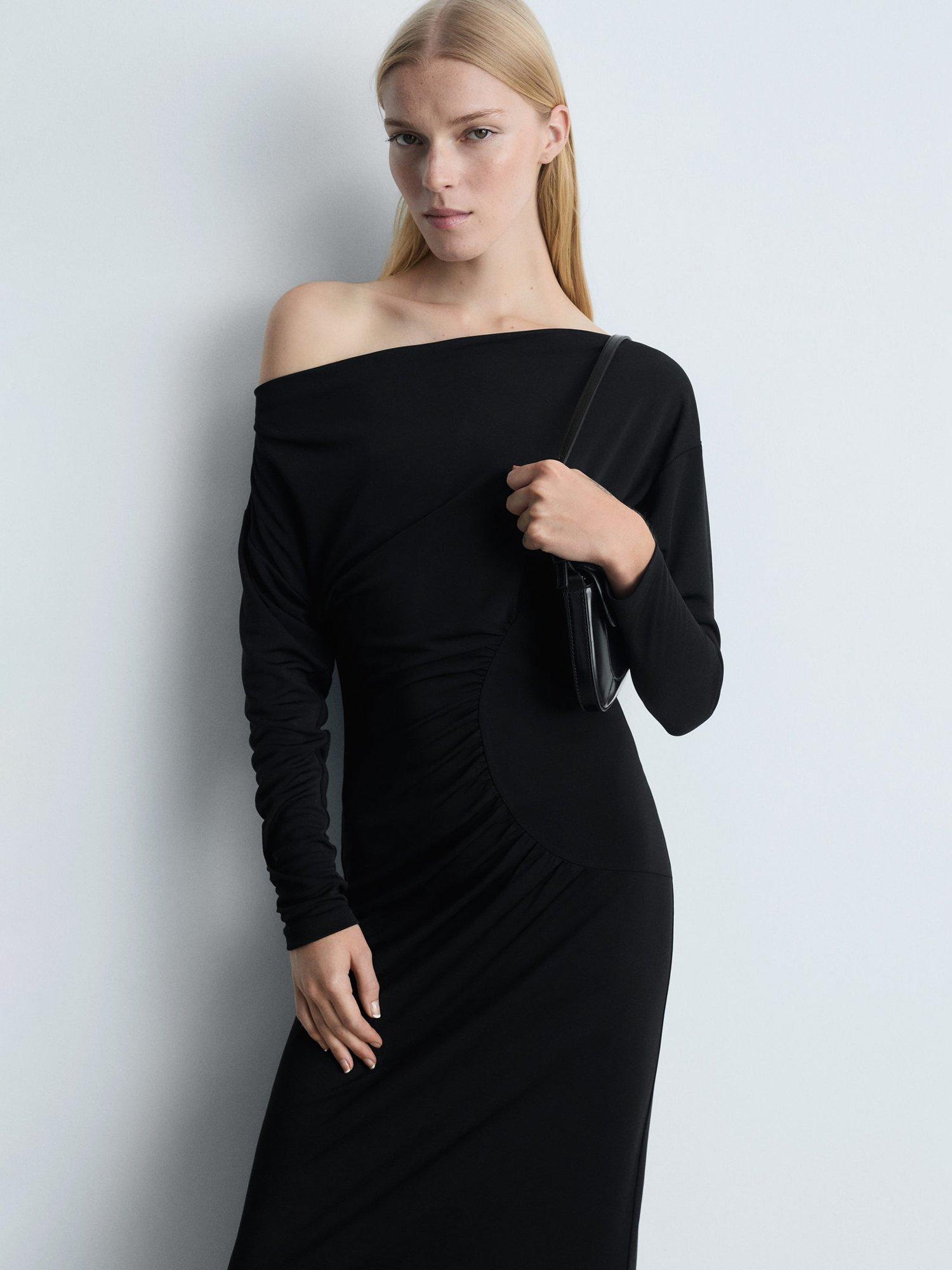 Mango Frunci Off Shoulder Ruched Maxi Dress Black