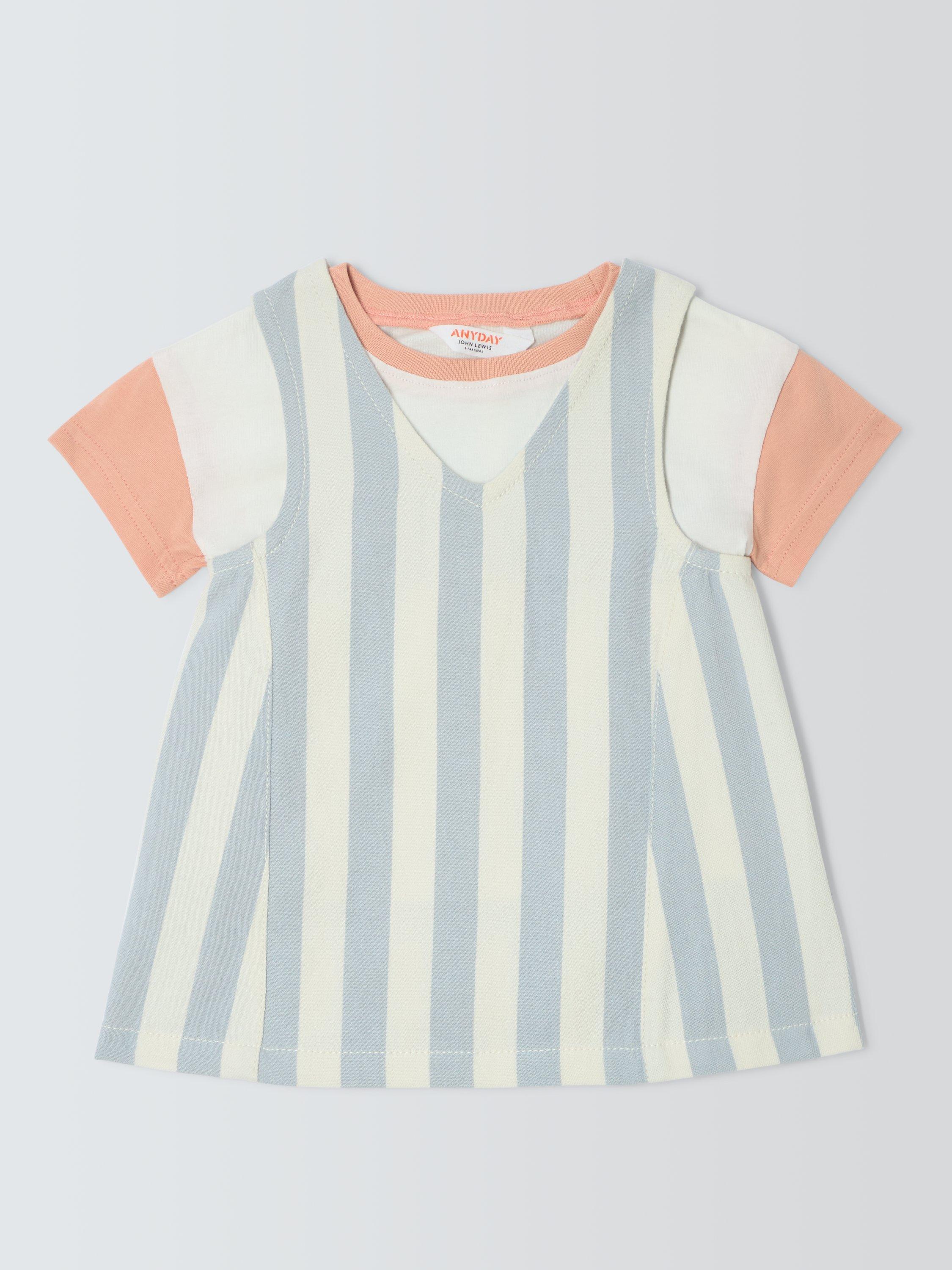 Product image 1 of 3, which shows John Lewis ANYDAY Baby Stripe Pinafore and T-Shirt Set, Blue/White Stripe, 3-6 months