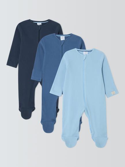 John Lewis Baby Cotton Two Way Zip Ribbed Cotton Sleepsuit, Pack of 3, Blue, Blue