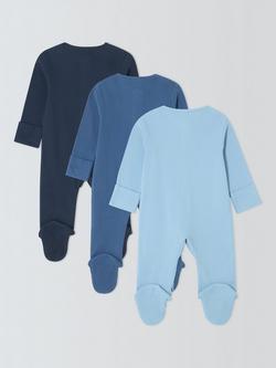John Lewis Baby Cotton Two Way Zip Ribbed Cotton Sleepsuit, Pack of 3, Blue - view 2, Blue
