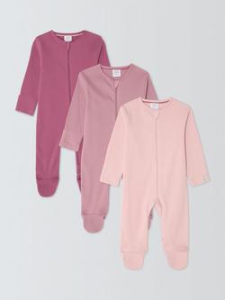 John Lewis Baby Zip Up Ribbed Cotton Sleepsuit, Pack of 3, Multi, Multi