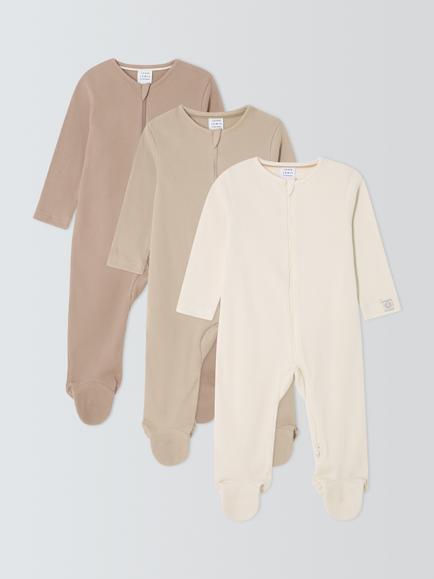 John Lewis Baby Cotton Two Way Zip Ribbed Cotton Sleepsuit, Pack of 3, Multi, Multi