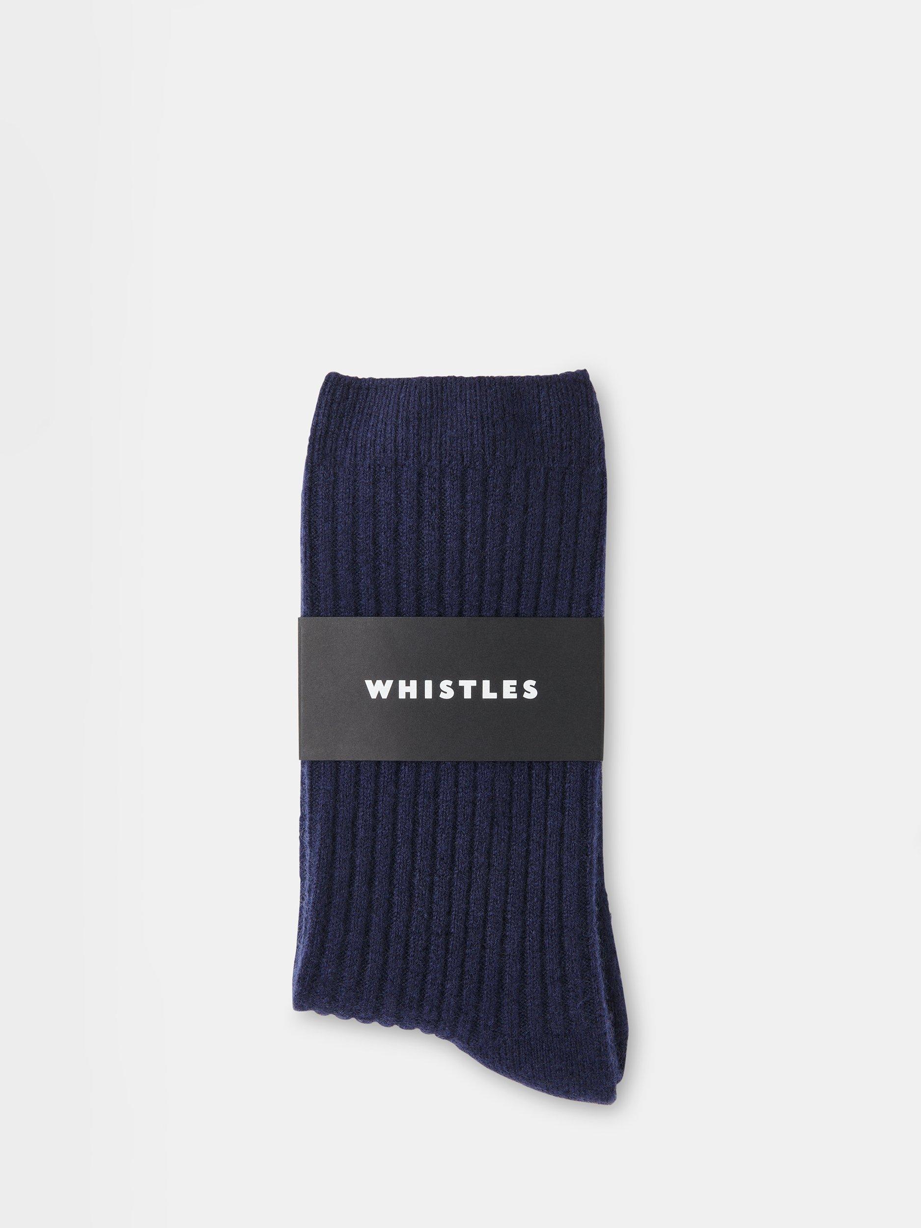 Product image 1 of 4, which shows Whistles Ribbed Pure Cashmere Socks, Navy, One Size
