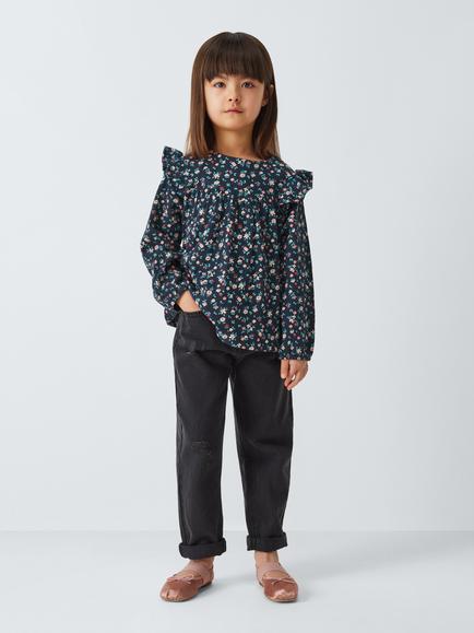 John Lewis Kids' Floral Frill Top, Navy/Multi, Navy/Multi