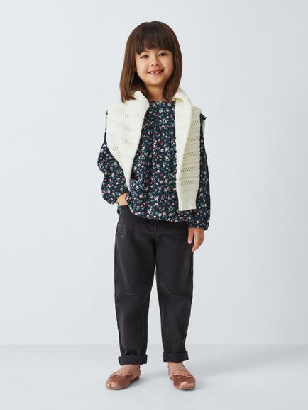 John Lewis Kids' Floral Frill Top, Navy/Multi - view 2, Navy/Multi