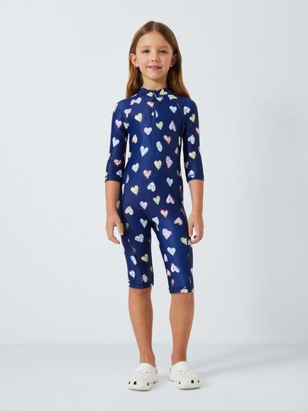 John Lewis Kids' Animal Print Hearts Sunpro Swimsuit, Navy, Navy
