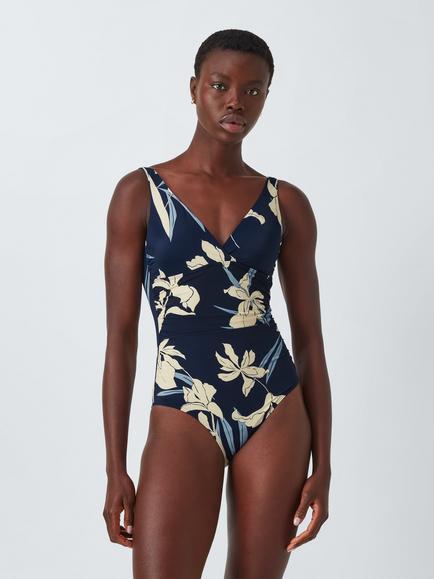 John Lewis Kia Floral Ruched Swimsuit, Blue/Multi, Blue/Multi