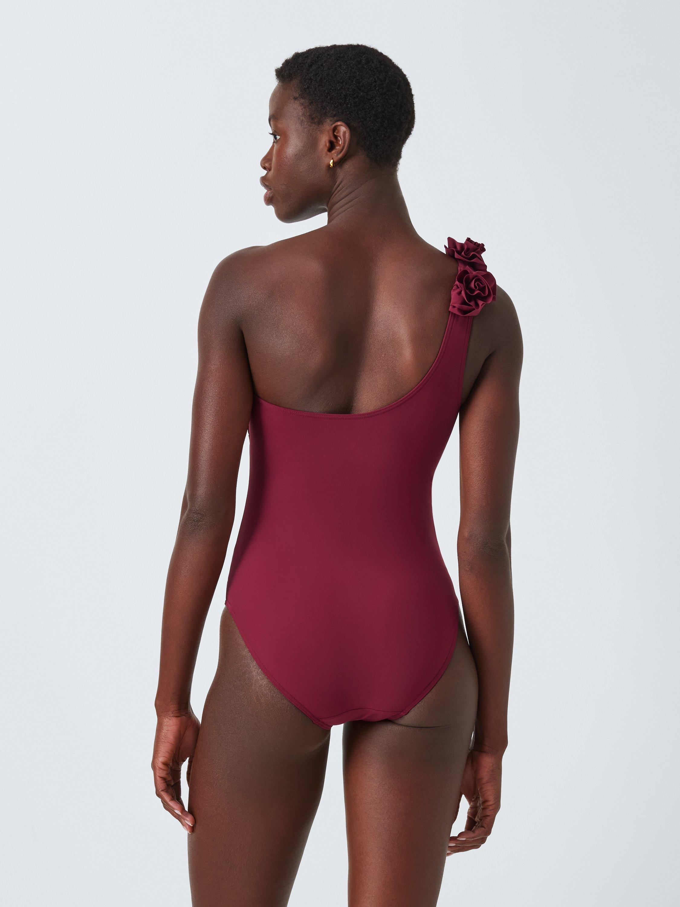 Product image 2 of 6, which shows John Lewis Las Flores One Shoulder Swimsuit, Dark Red, 8