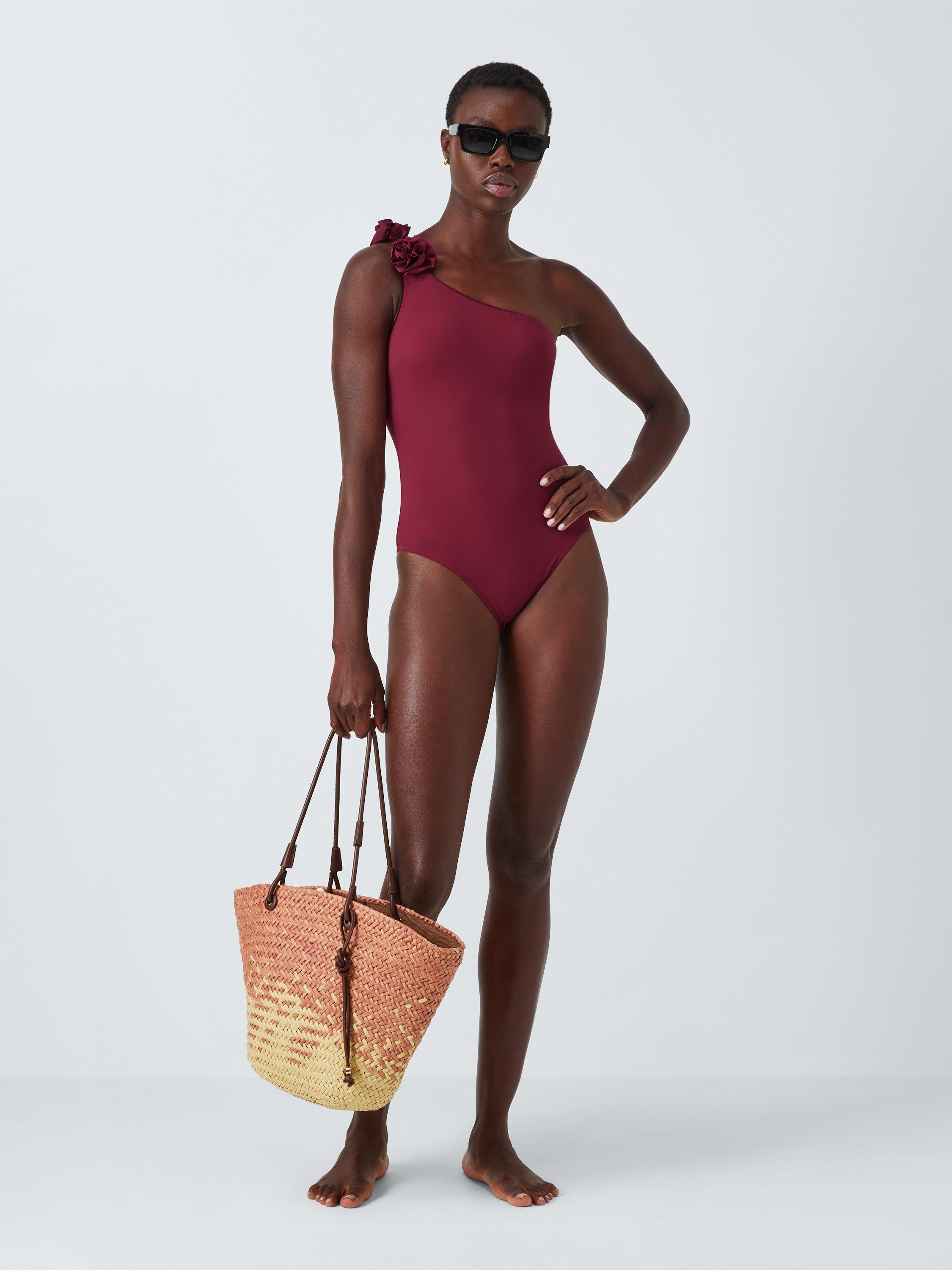 Product image 3 of 6, which shows John Lewis Las Flores One Shoulder Swimsuit, Dark Red, 8