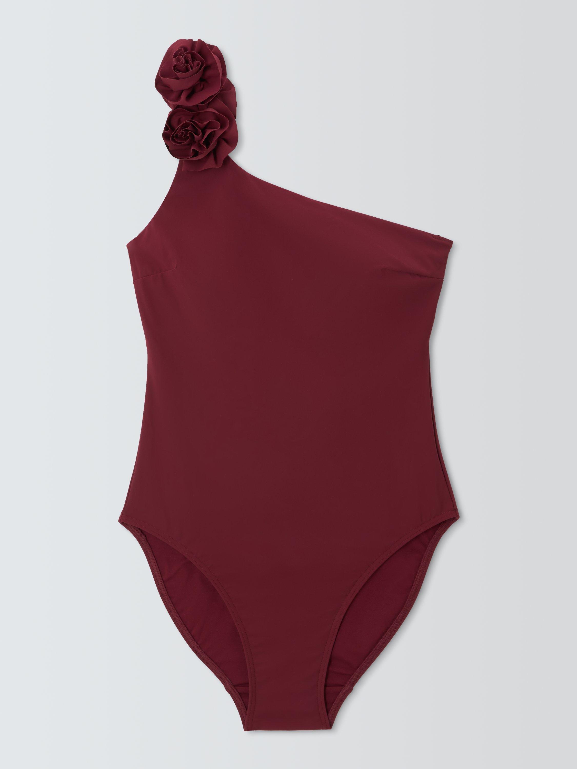 Product image 4 of 6, which shows John Lewis Las Flores One Shoulder Swimsuit, Dark Red, 8