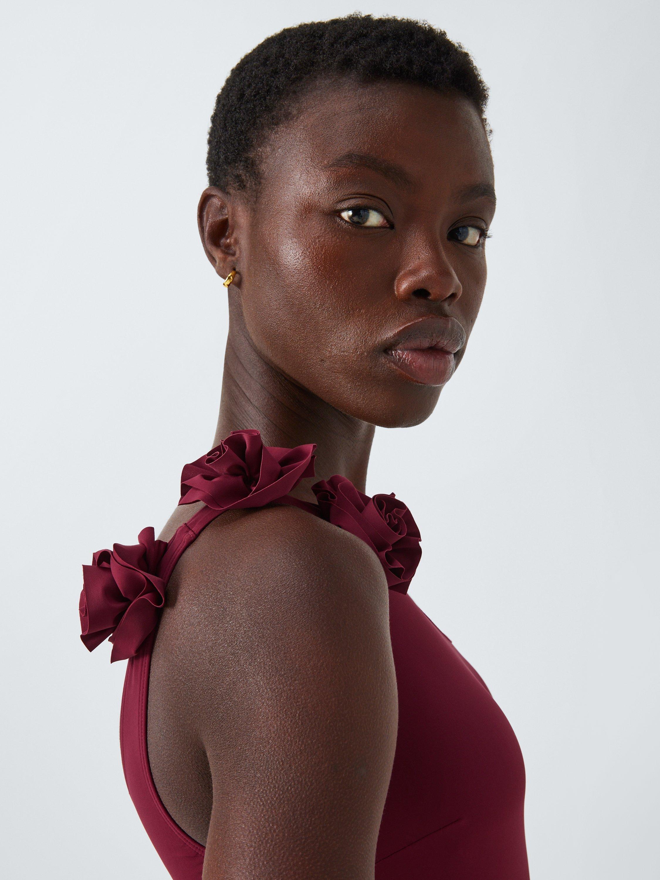 Product image 5 of 6, which shows John Lewis Las Flores One Shoulder Swimsuit, Dark Red, 8