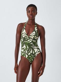 John Lewis Maldives Palm Twist Front Swimsuit, Green/Cream, Green/Cream