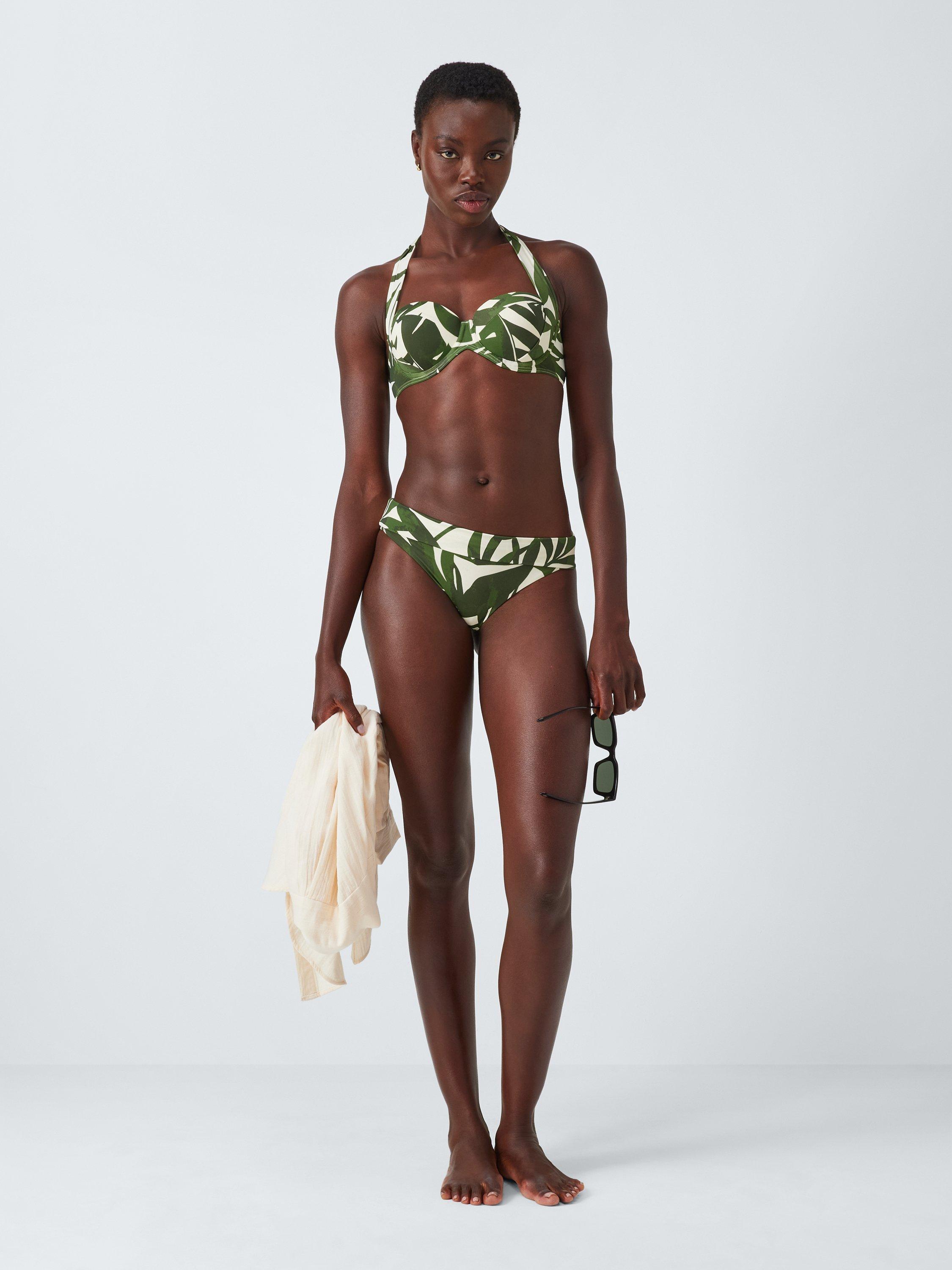 Product image 7 of 7, which shows John Lewis Maldives Palm Slim Fold-Down Bikini Bottoms, Green/Cream, 8