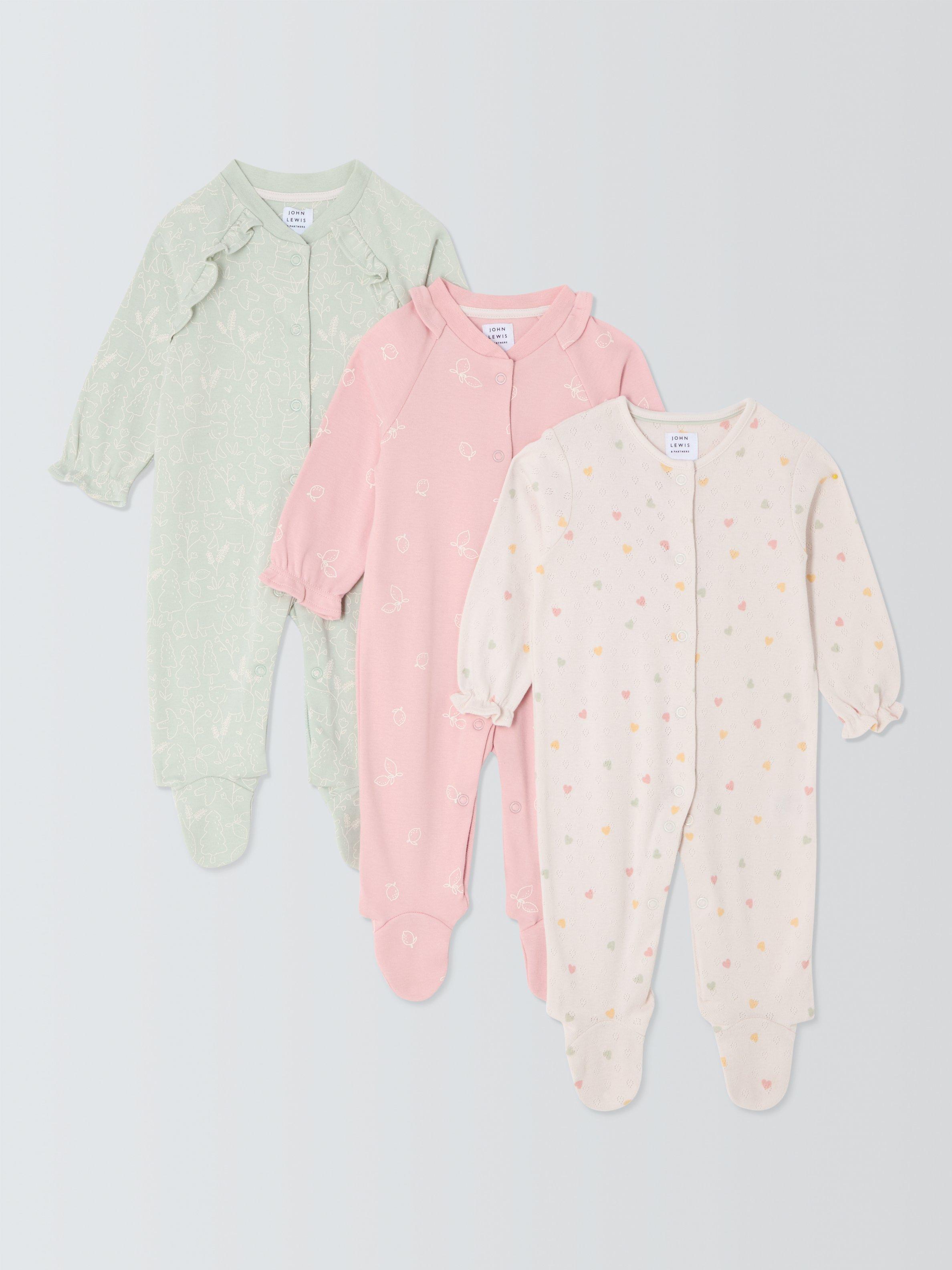 Product image 1 of 3, which shows John Lewis Baby Bear Heart Lemon Cotton Sleepsuits, Pack of 3, Multi, Newborn