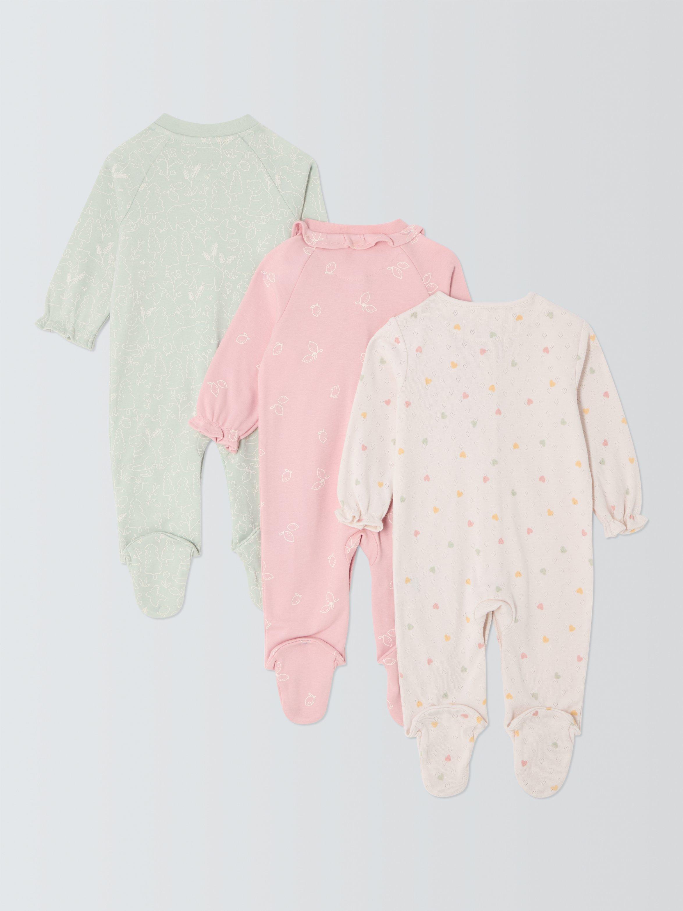 Product image 2 of 3, which shows John Lewis Baby Bear Heart Lemon Cotton Sleepsuits, Pack of 3, Multi, Newborn