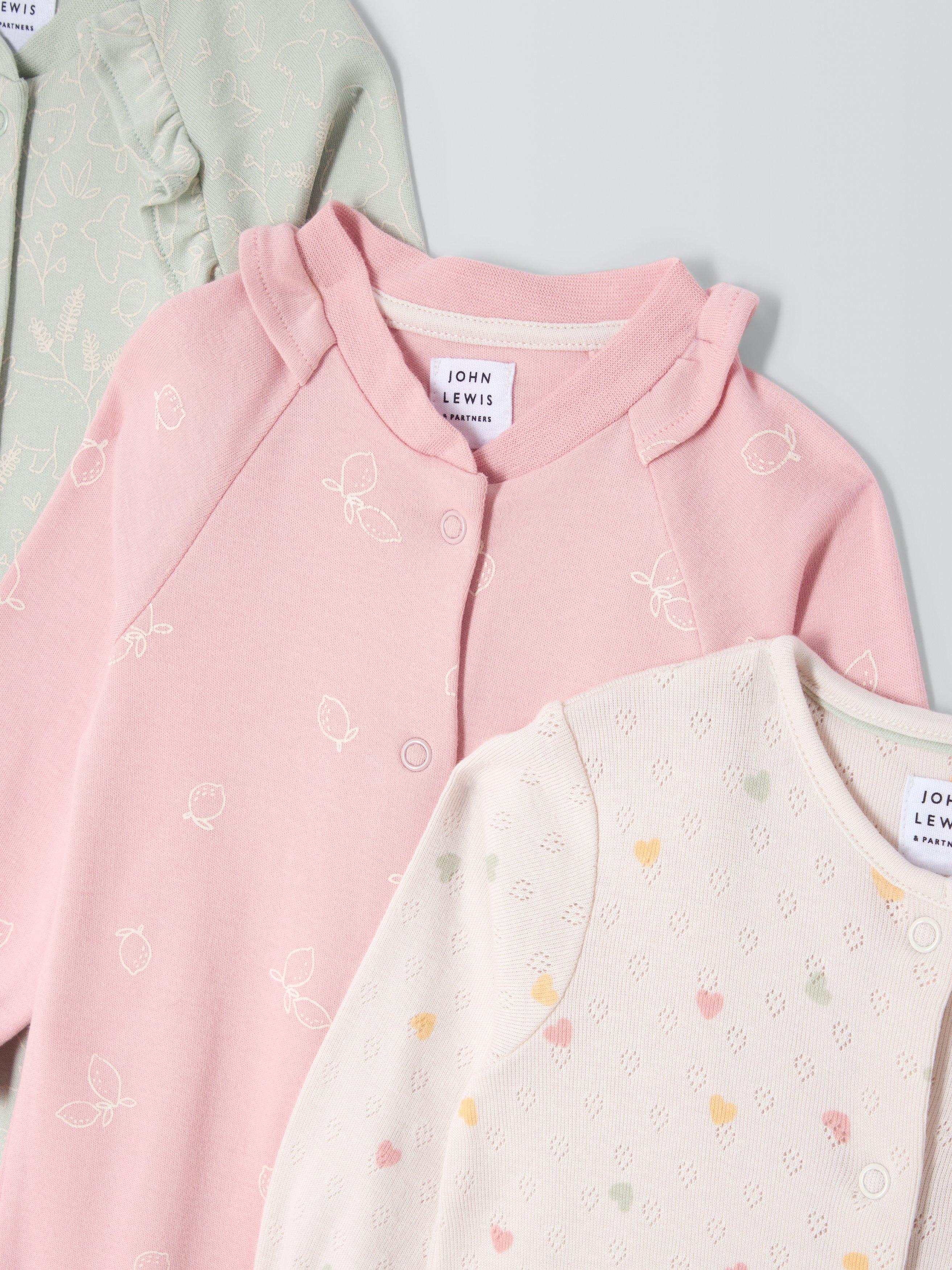 Product image 3 of 3, which shows John Lewis Baby Bear Heart Lemon Cotton Sleepsuits, Pack of 3, Multi, Newborn