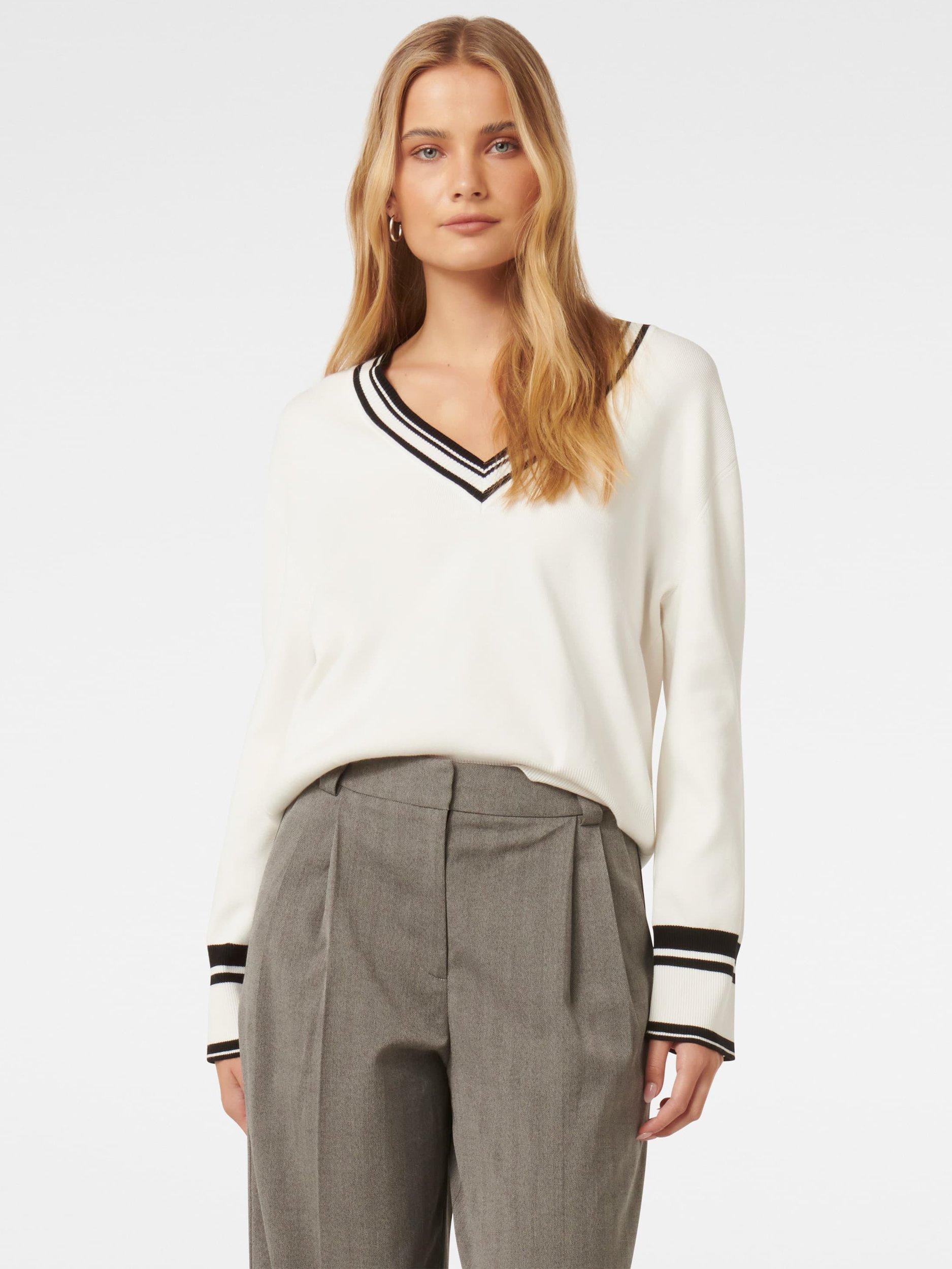 Product image 1 of 5, which shows Forever New Kali Tipped Trim Jumper, Porcelain/Black, L