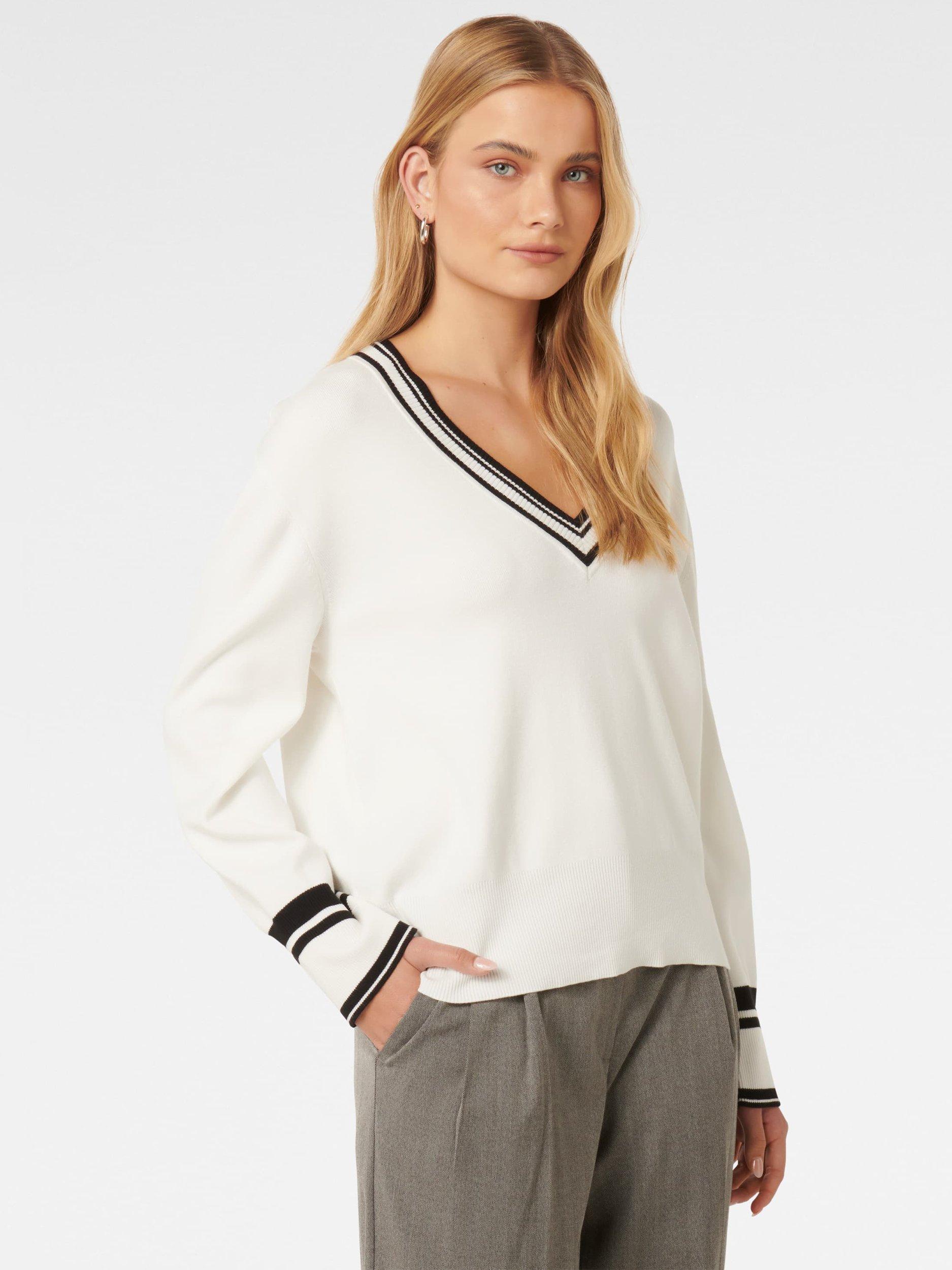 Product image 3 of 5, which shows Forever New Kali Tipped Trim Jumper, Porcelain/Black, L