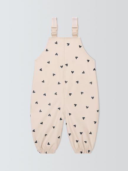 John Lewis Baby Heart Print Rain Dungarees, Beige, Beige