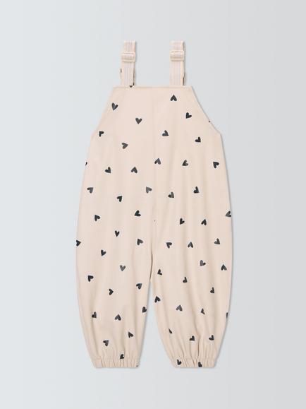 John Lewis Baby Heart Print Rain Dungarees, Beige - view 2, Beige