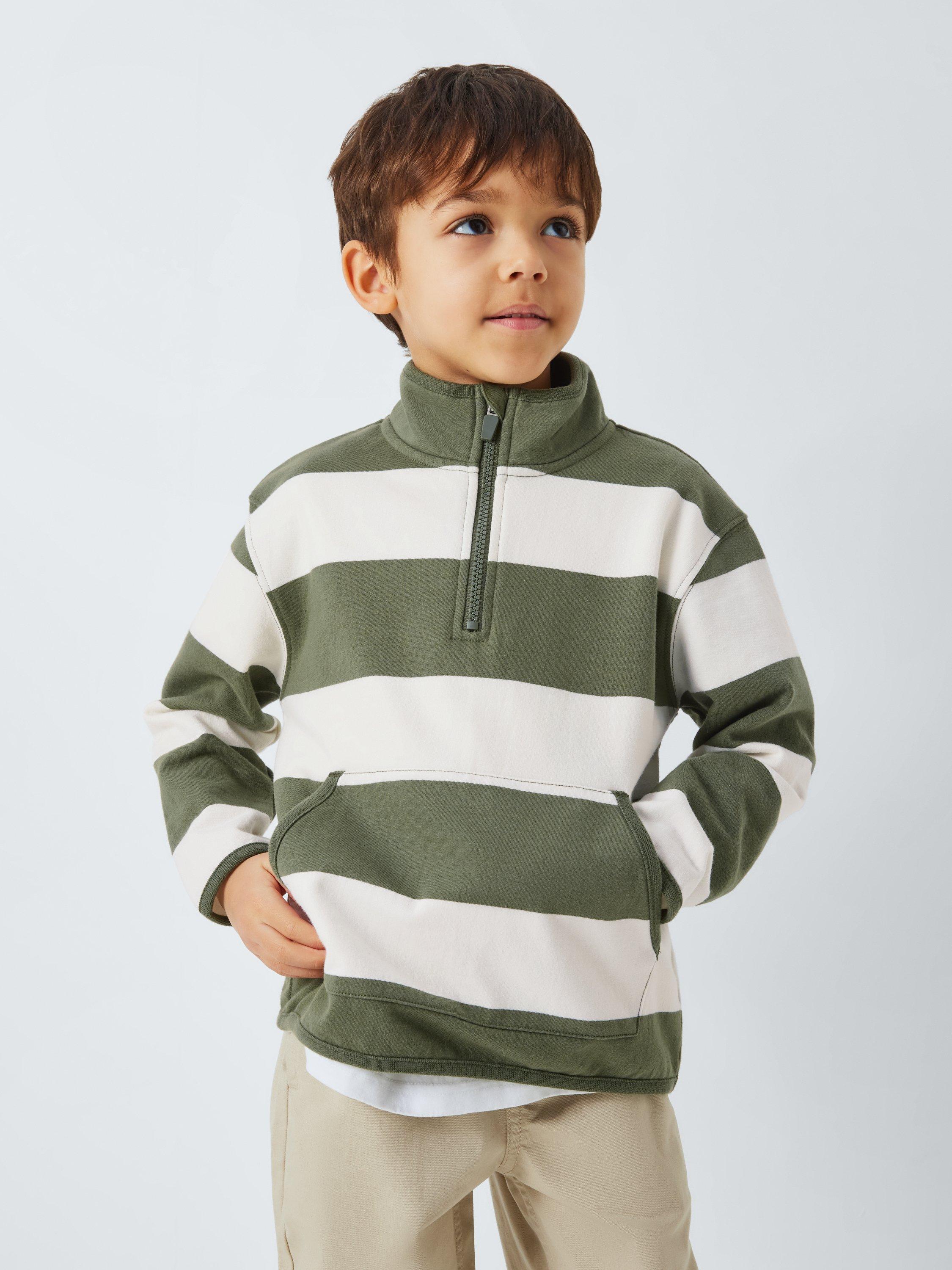 John Lewis Kids' Block Stripe Zip Neck Top, Green/White