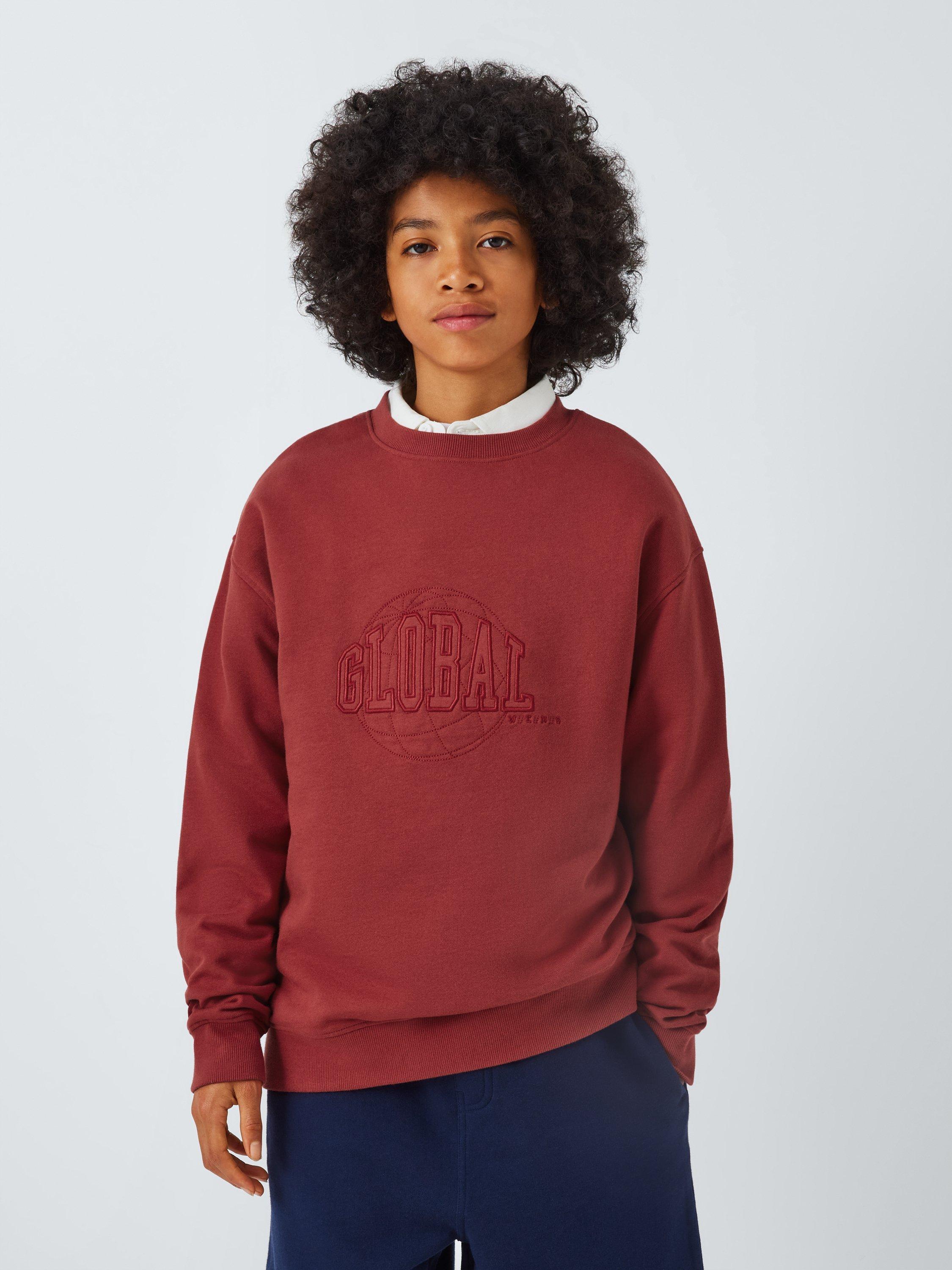 Product image 1 of 7, which shows John Lewis Kids' Global Embroidered Sweatshirt, Red, 8 years